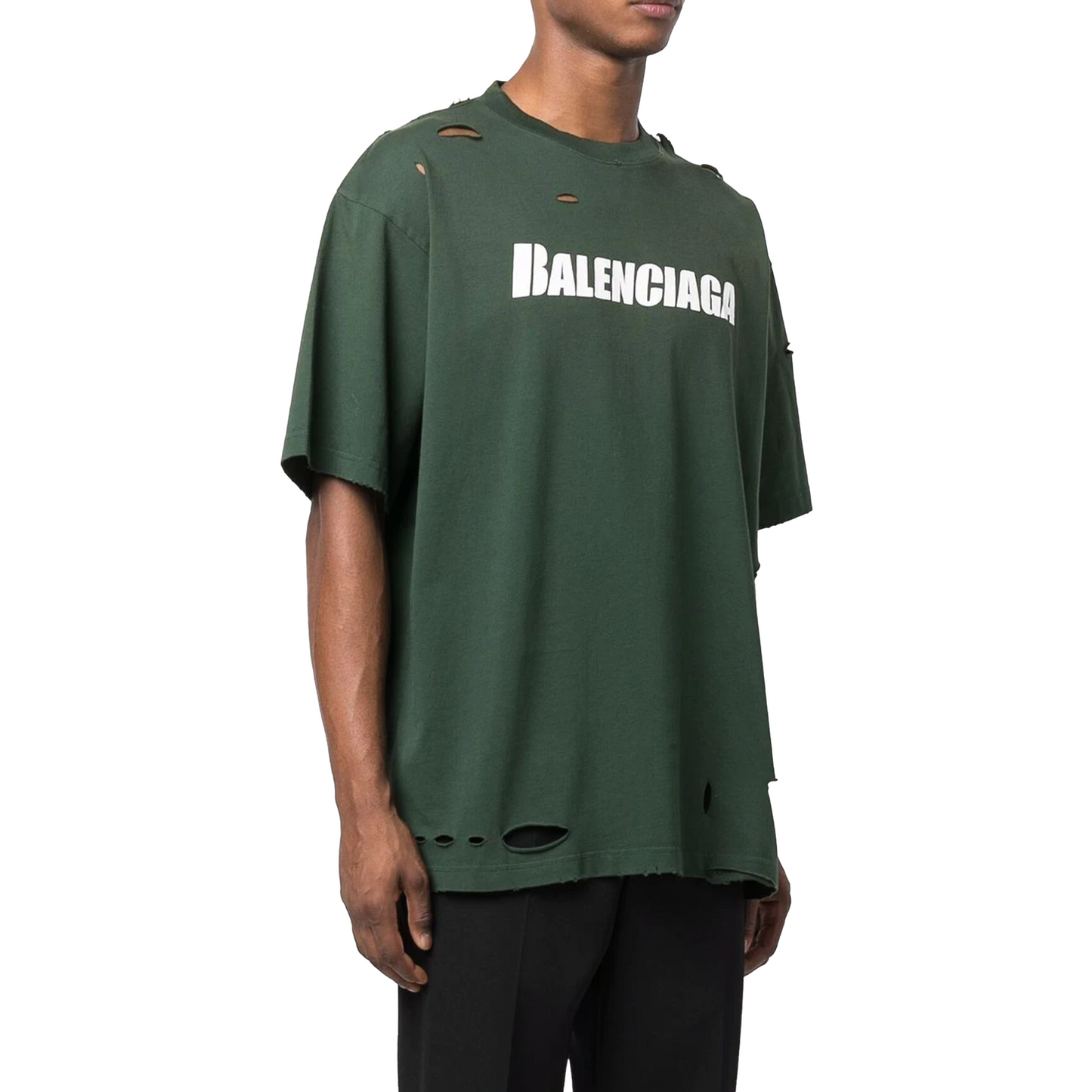 BALENCIAGA Distressed Logo Print Tee Dark Green