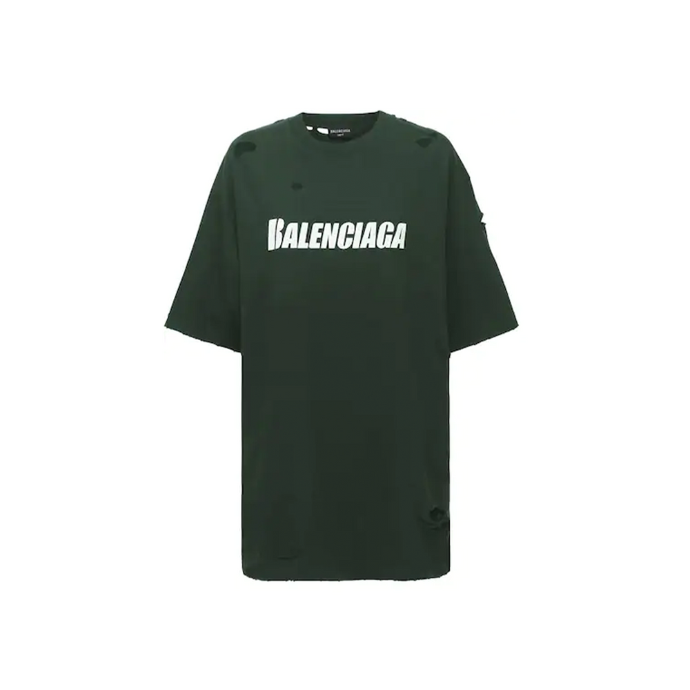 BALENCIAGA Distressed Logo Print Tee Dark Green