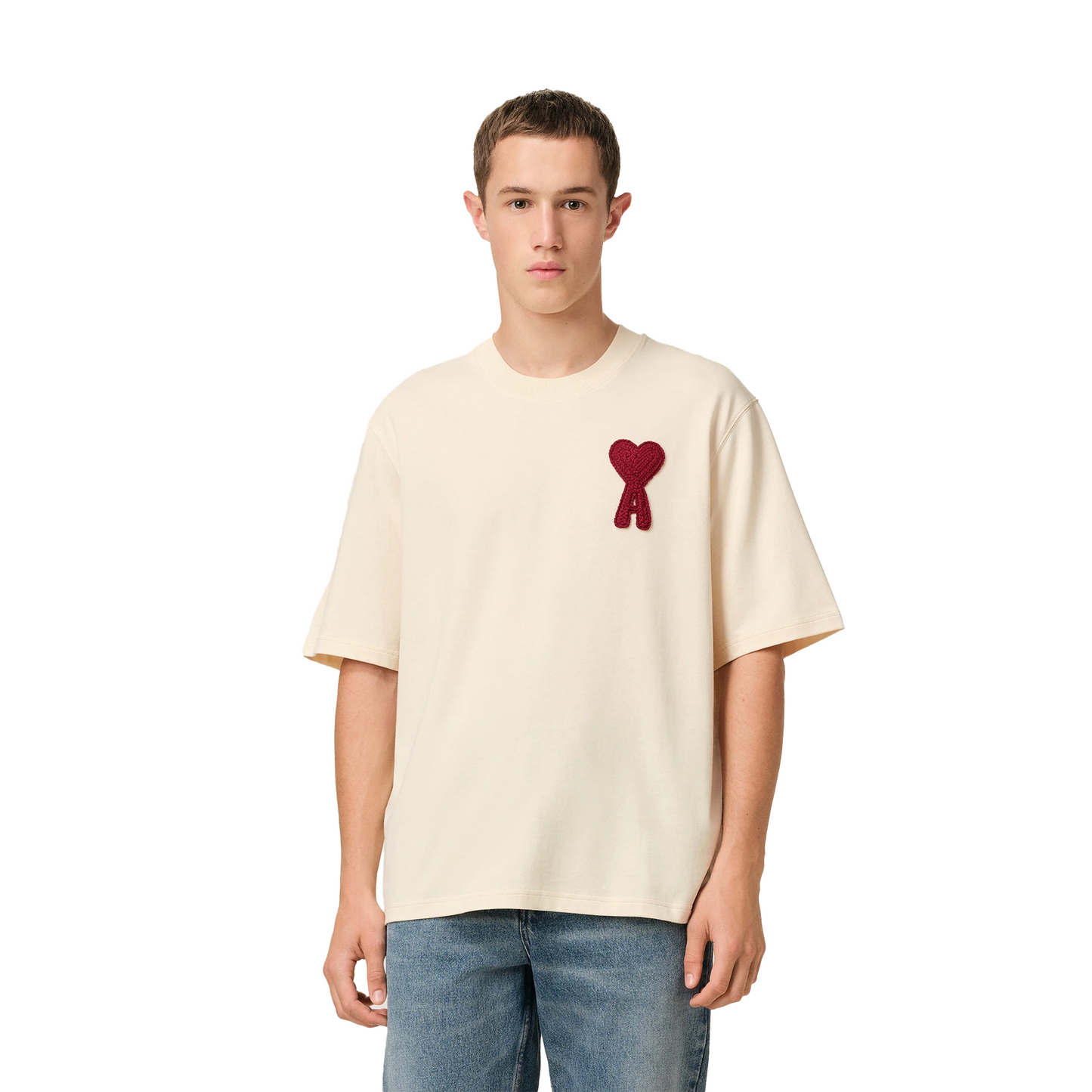 AMI PARIS Beige Cotton Ami de Coeur Patch Tee White Cream (SS25)