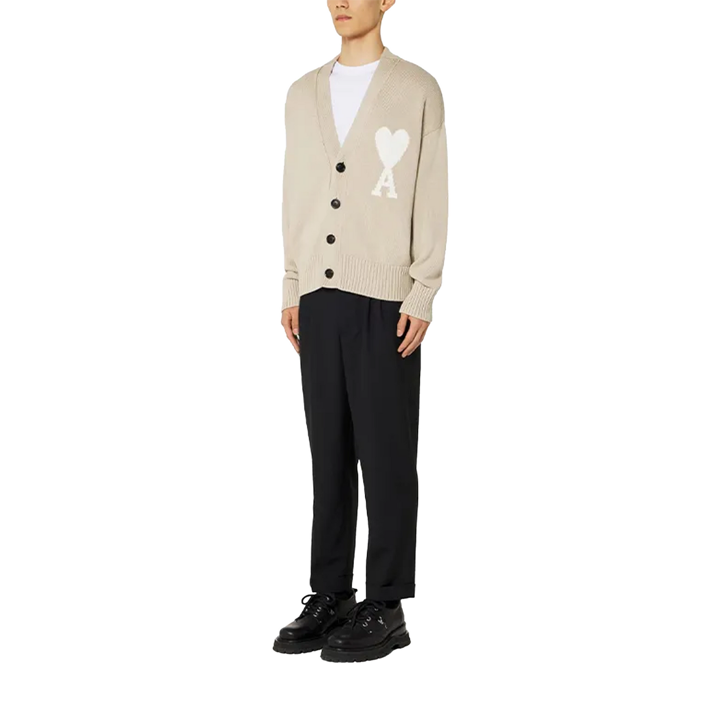 AMI PARIS Logo Intarsia Alpaca Blend Cardigan Beige/White (SS22)