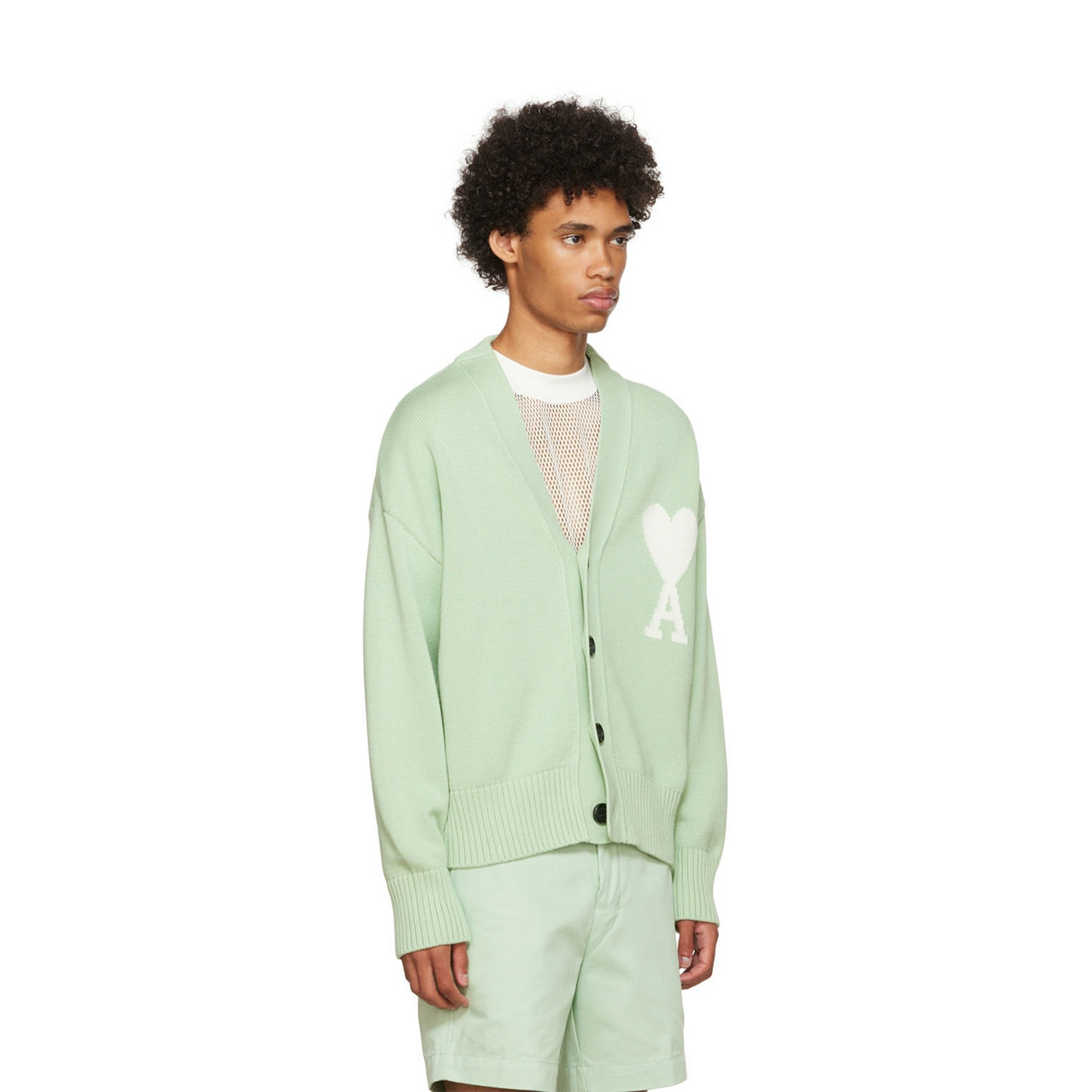 AMI PARIS Logo Intarsia Alpaca Blend Cardigan Green/White (SS22)