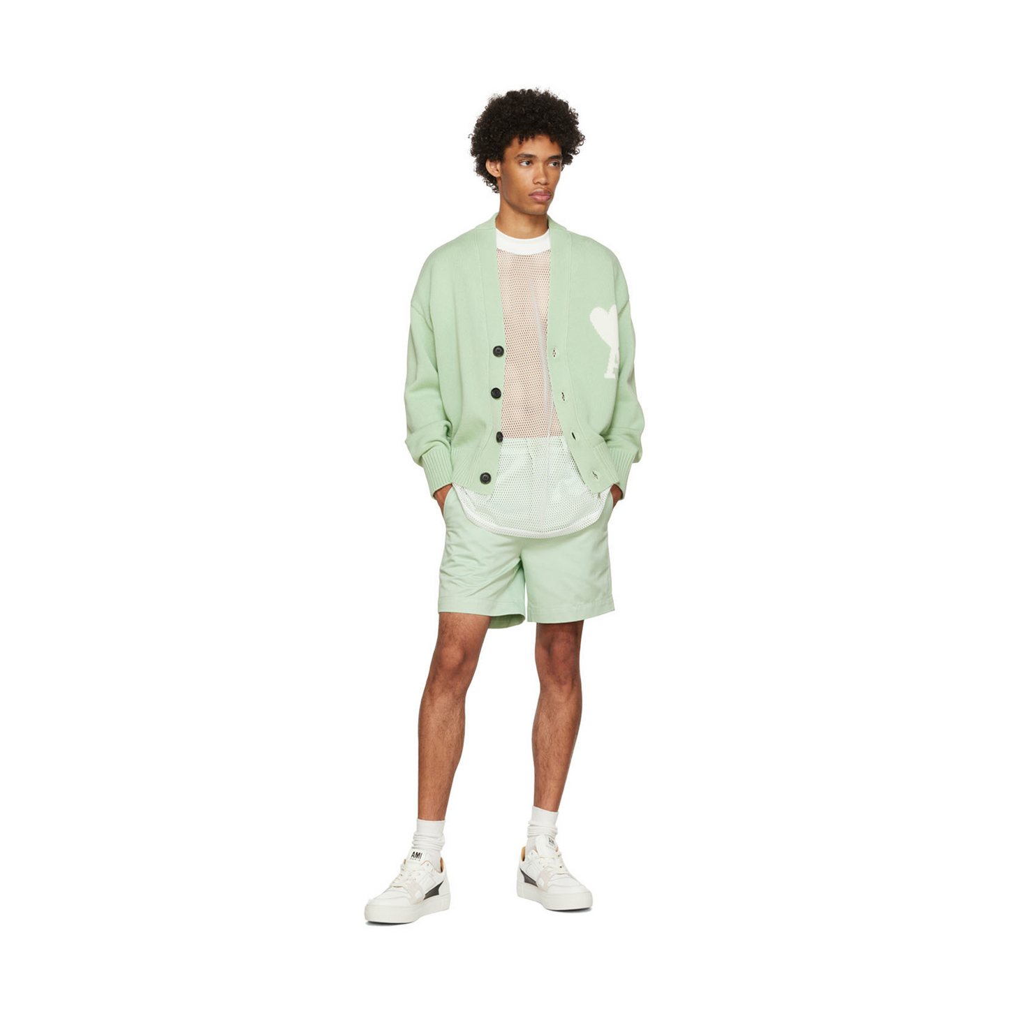 AMI PARIS Logo Intarsia Alpaca Blend Cardigan Green/White (SS22)