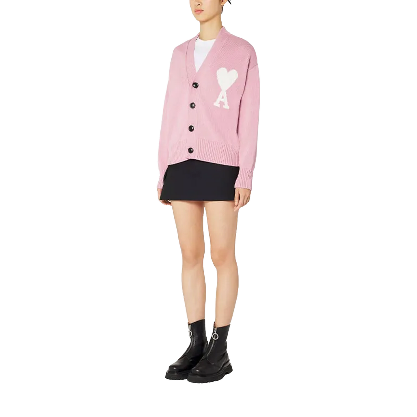 AMI PARIS Logo Intarsia Alpaca Blend Cardigan Pink/White (SS22)