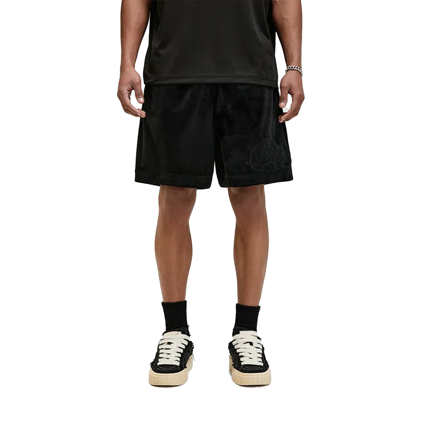 BONELESS Applique Cursive Logo Velvet Shorts Black (SS24)