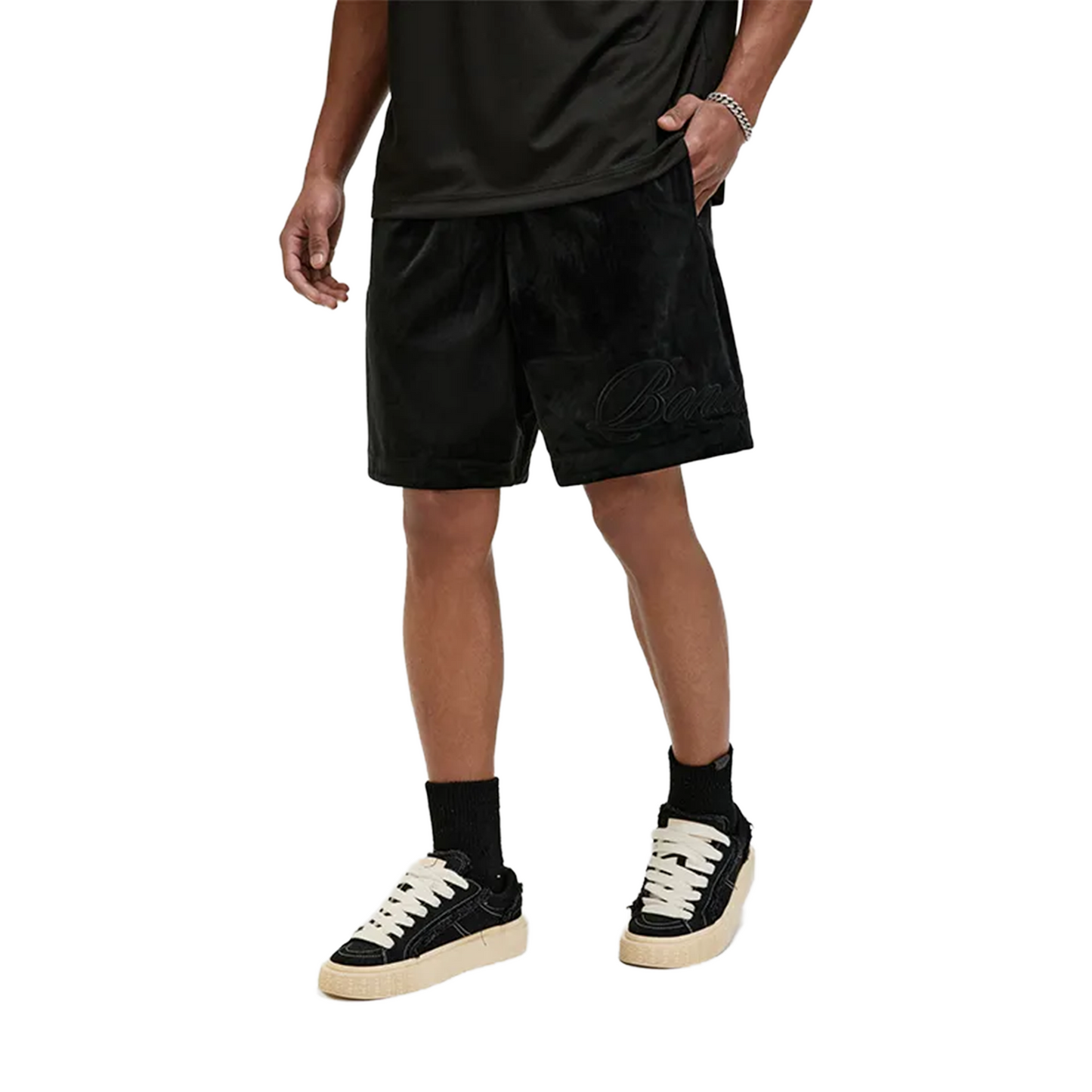 BONELESS Applique Cursive Logo Velvet Shorts Black (SS24)