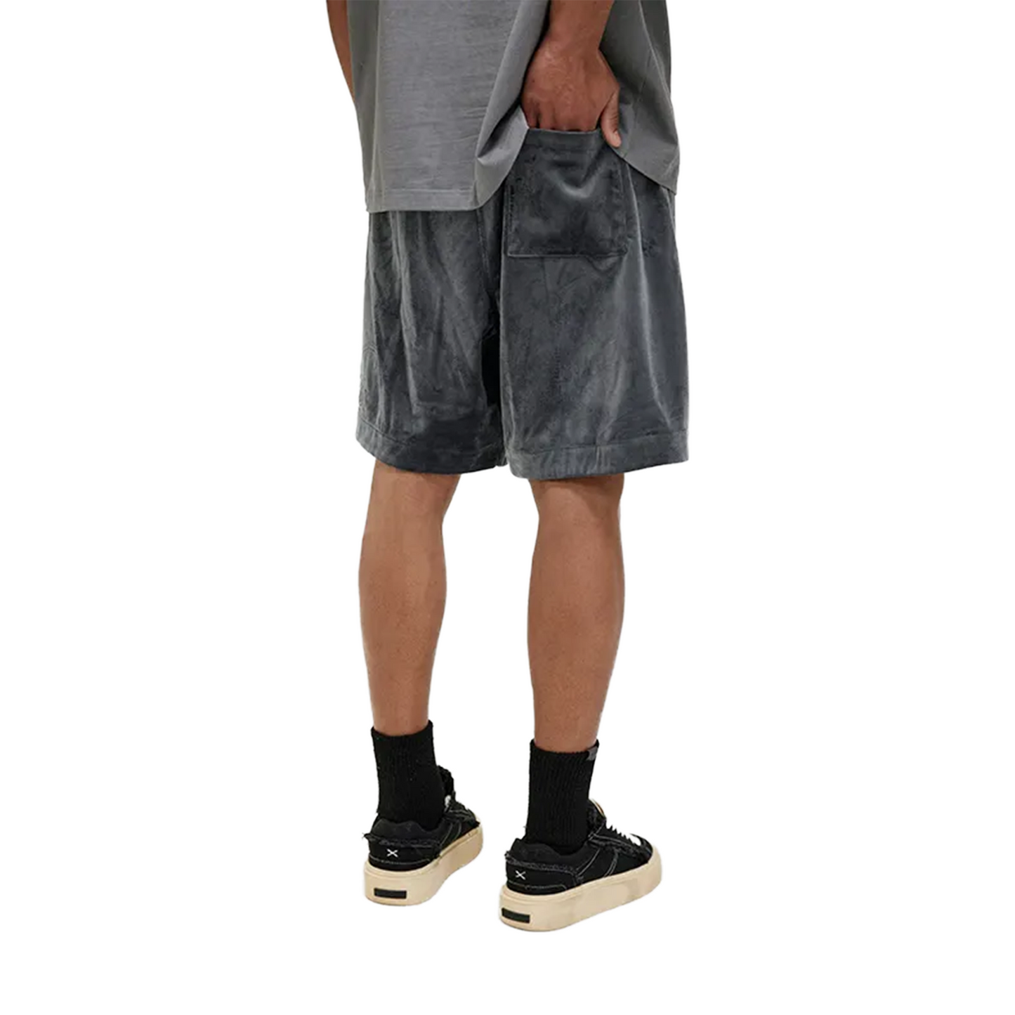 BONELESS Applique Cursive Logo Velvet Shorts Dark Grey (SS24)