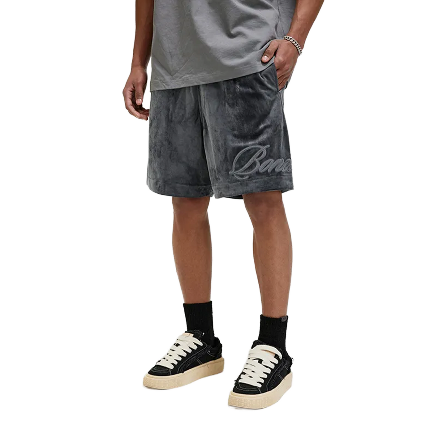 BONELESS Applique Cursive Logo Velvet Shorts Dark Grey (SS24)