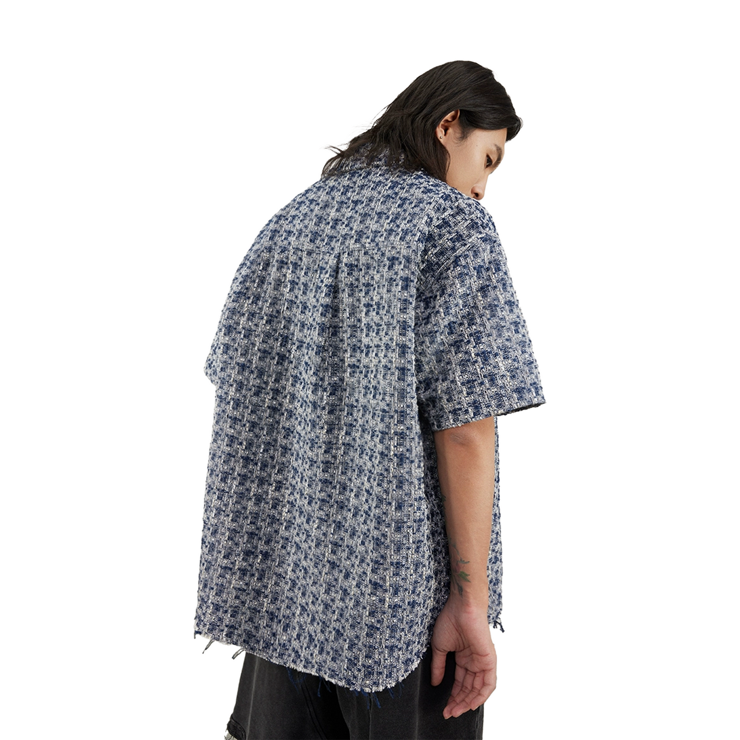BONELESS Brushed Hem Patch Pockets Short Sleeved Shirt Blue/White Plaid (SS22)