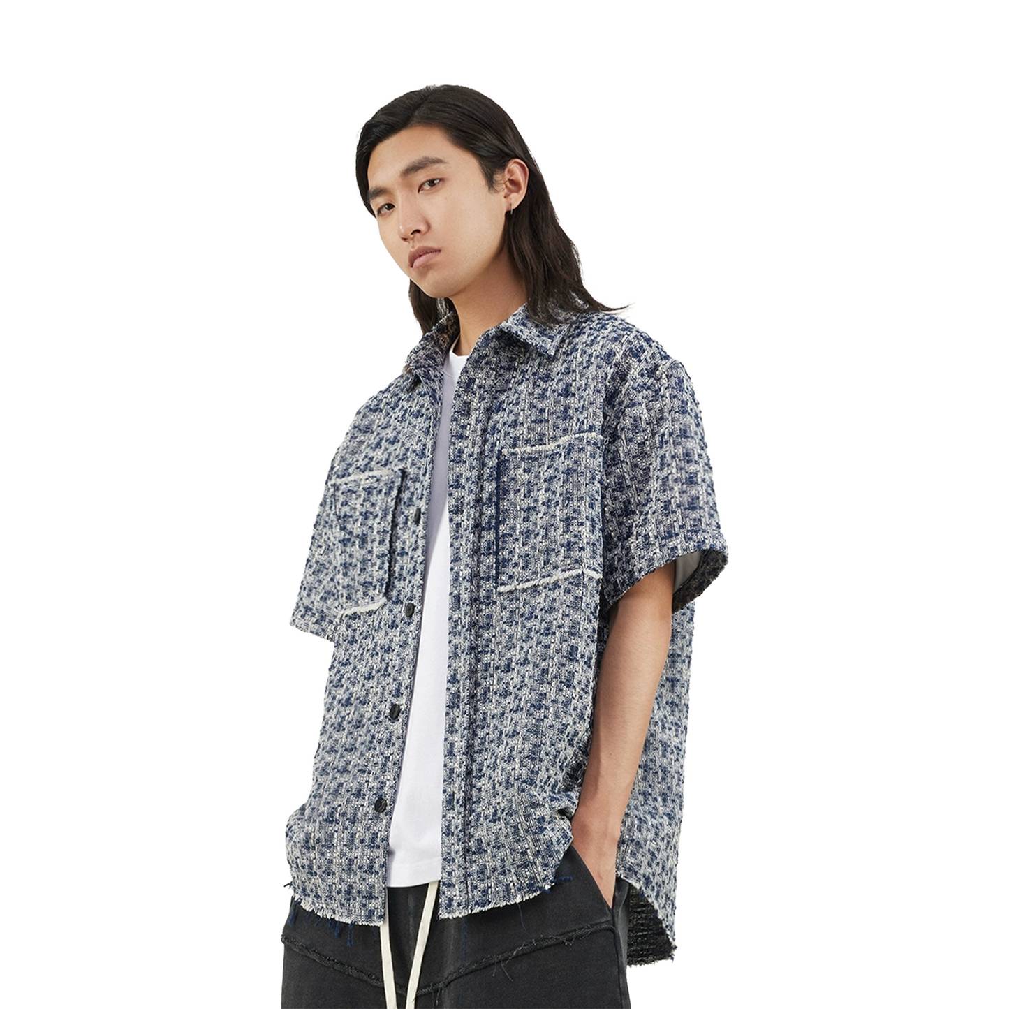 BONELESS Brushed Hem Patch Pockets Short Sleeved Shirt Blue/White Plaid (SS22)