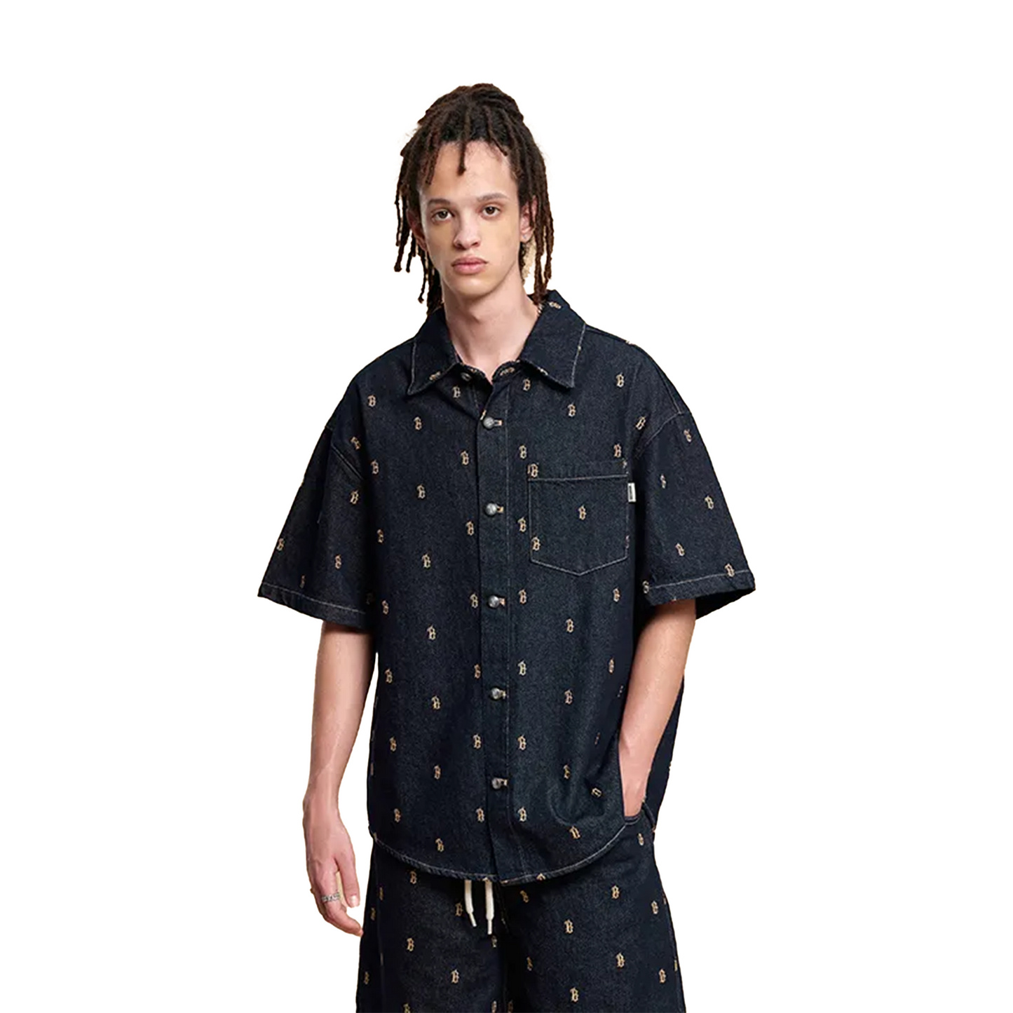 BONELESS Embroidered Jacquard Denim Short Sleeved Shirt Dark Blue (SS24)