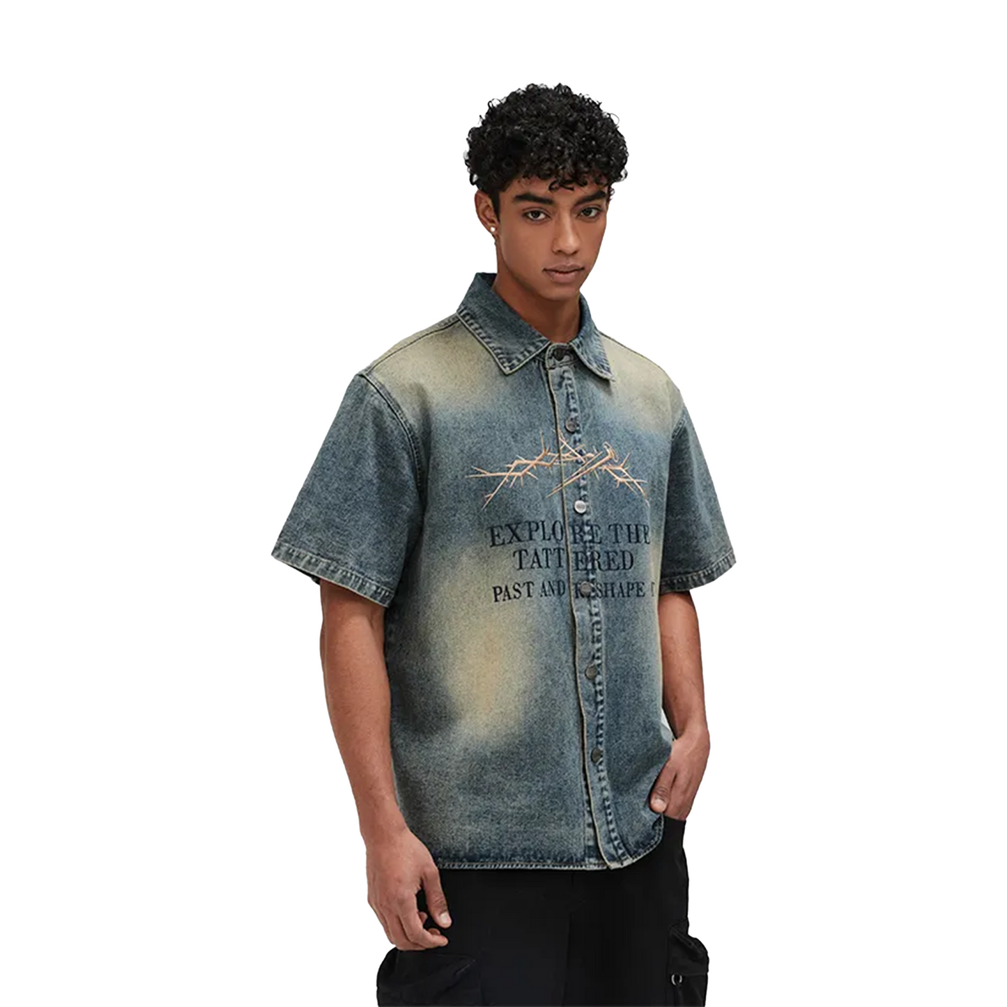 BONELESS Embroidered Pattern Washed Short Sleeved Denim Shirt Mud Yellow (SS24)