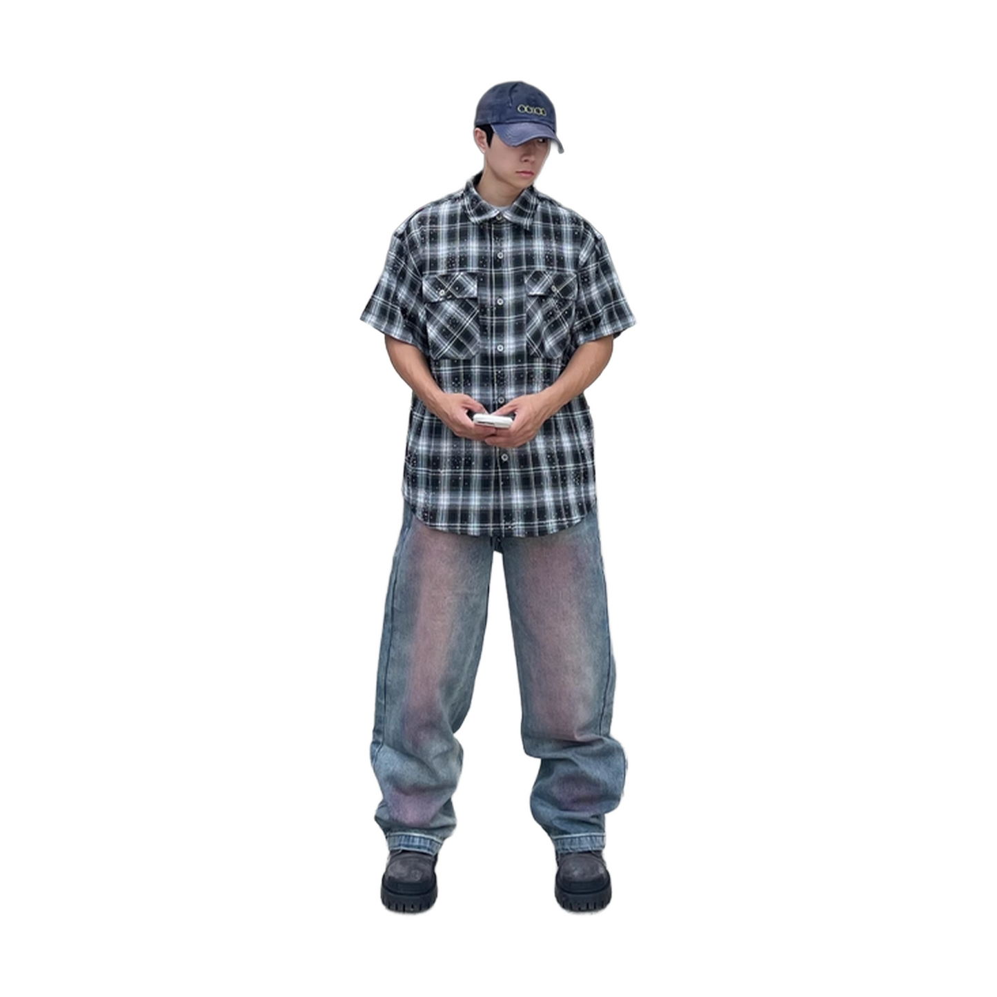 BONELESS Full Diamond Plaid Basic Short Sleeved Shirt Black (SS25)