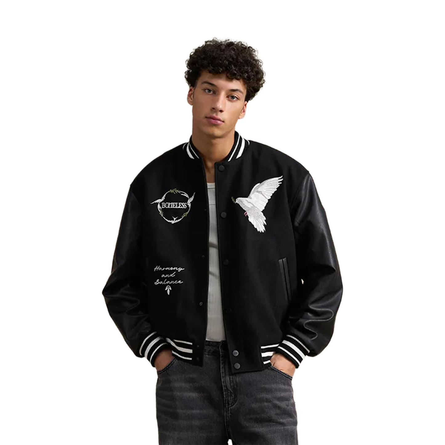 BONELESS Pattern Embroidered Baseball Jacket Black (FW24)