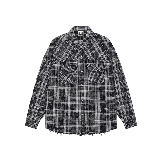 BONELESS K4977 Distressed Ragged Edge Long Sleeved Shirt Black (S225)