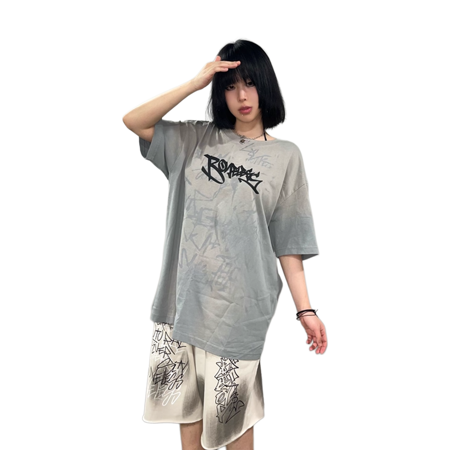 BONELESS Old Washed Graffiti Pattern Tee Light Grey (SS25)