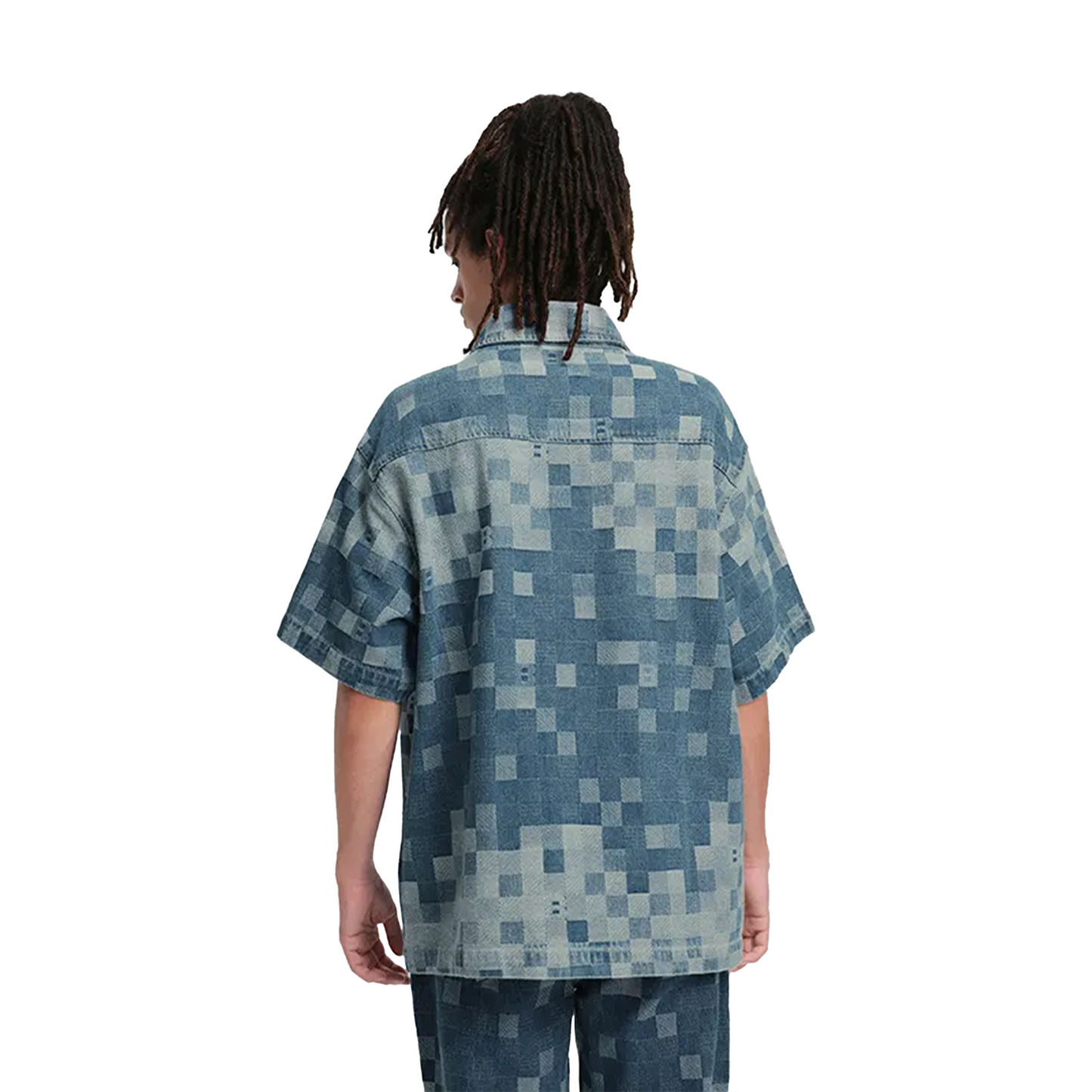 BONELESS Plaid Camouflage Jacquard Denim Short Sleeved Shirt Camouflaged Blue (FW24)