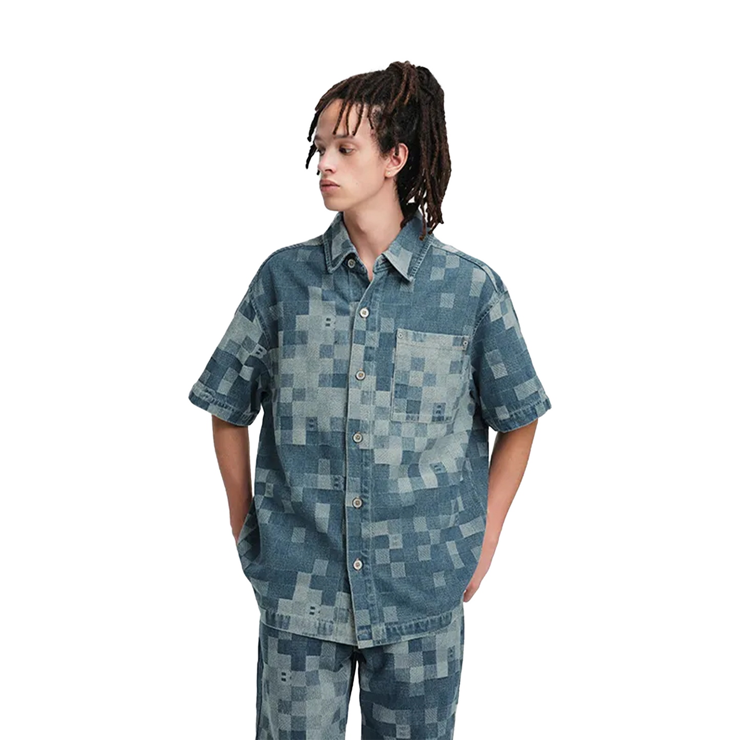 BONELESS Plaid Camouflage Jacquard Denim Short Sleeved Shirt Camouflaged Blue (FW24)