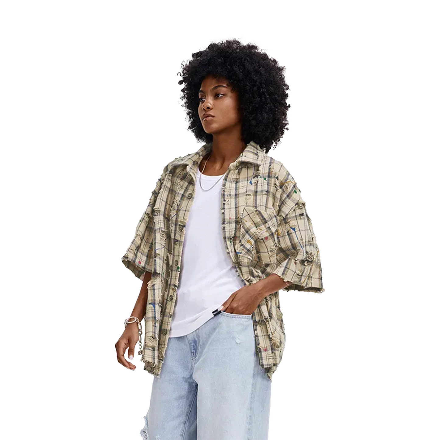 BONELESS Ragged Plaid Short Sleeved Shirt Beige (SS24)