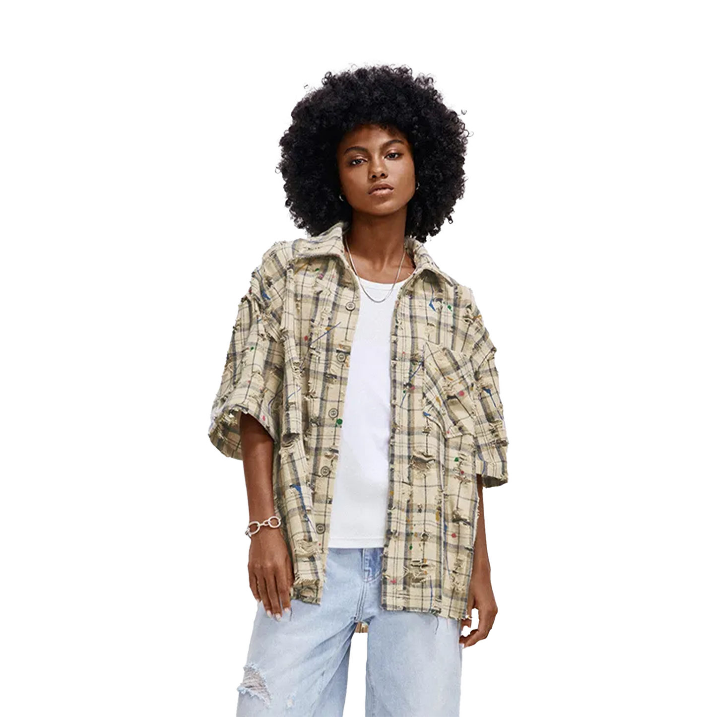 BONELESS Ragged Plaid Short Sleeved Shirt Beige (SS24)