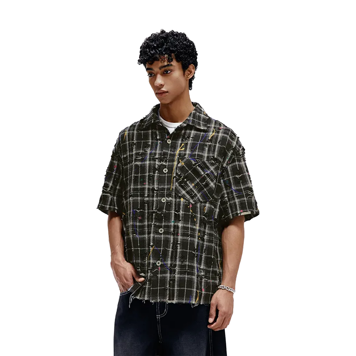 BONELESS Ragged Plaid Short Sleeved Shirt Black (SS24)
