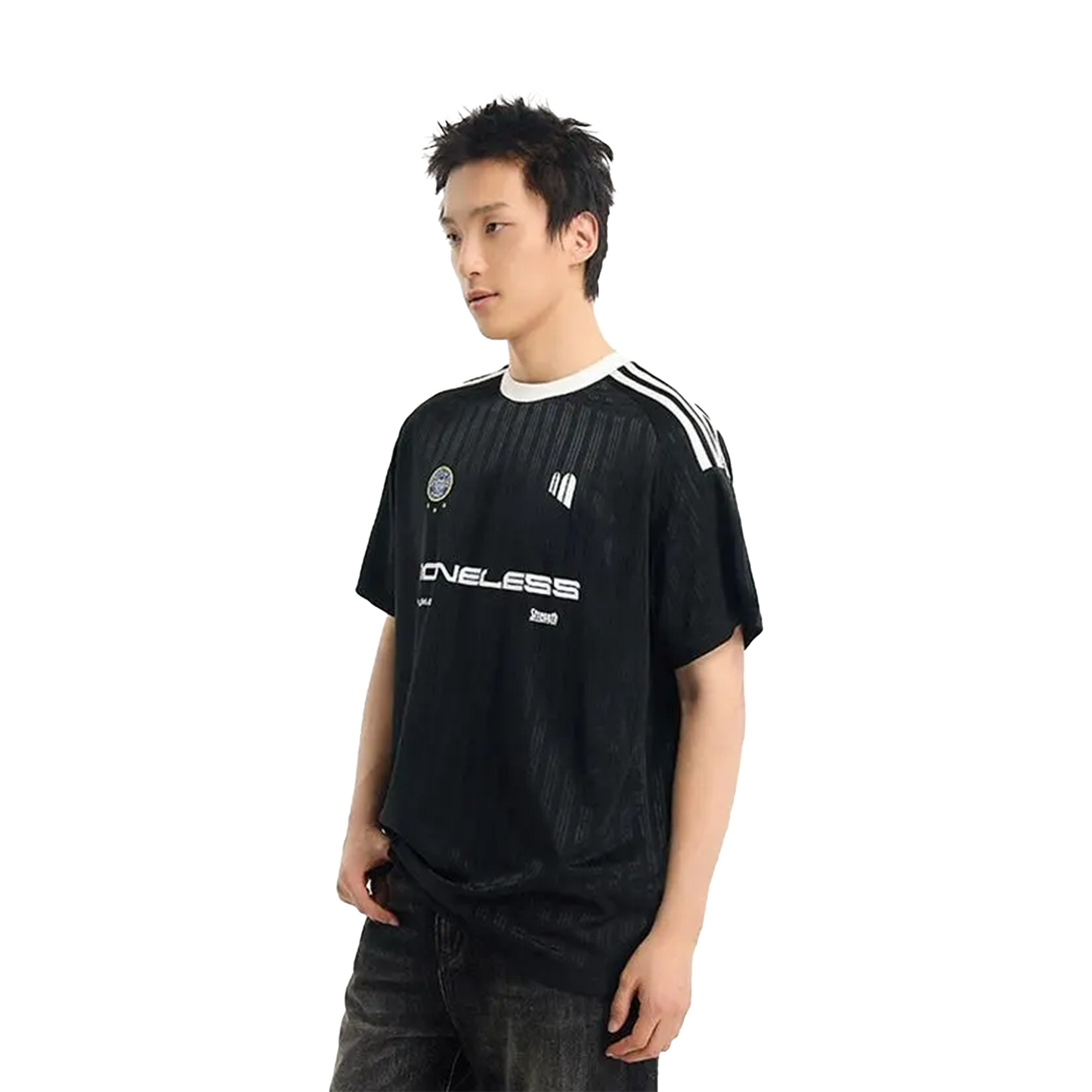 BONELESS Spliced Ribbon Stiped Textured Printed S/S Tee Black (SS25)