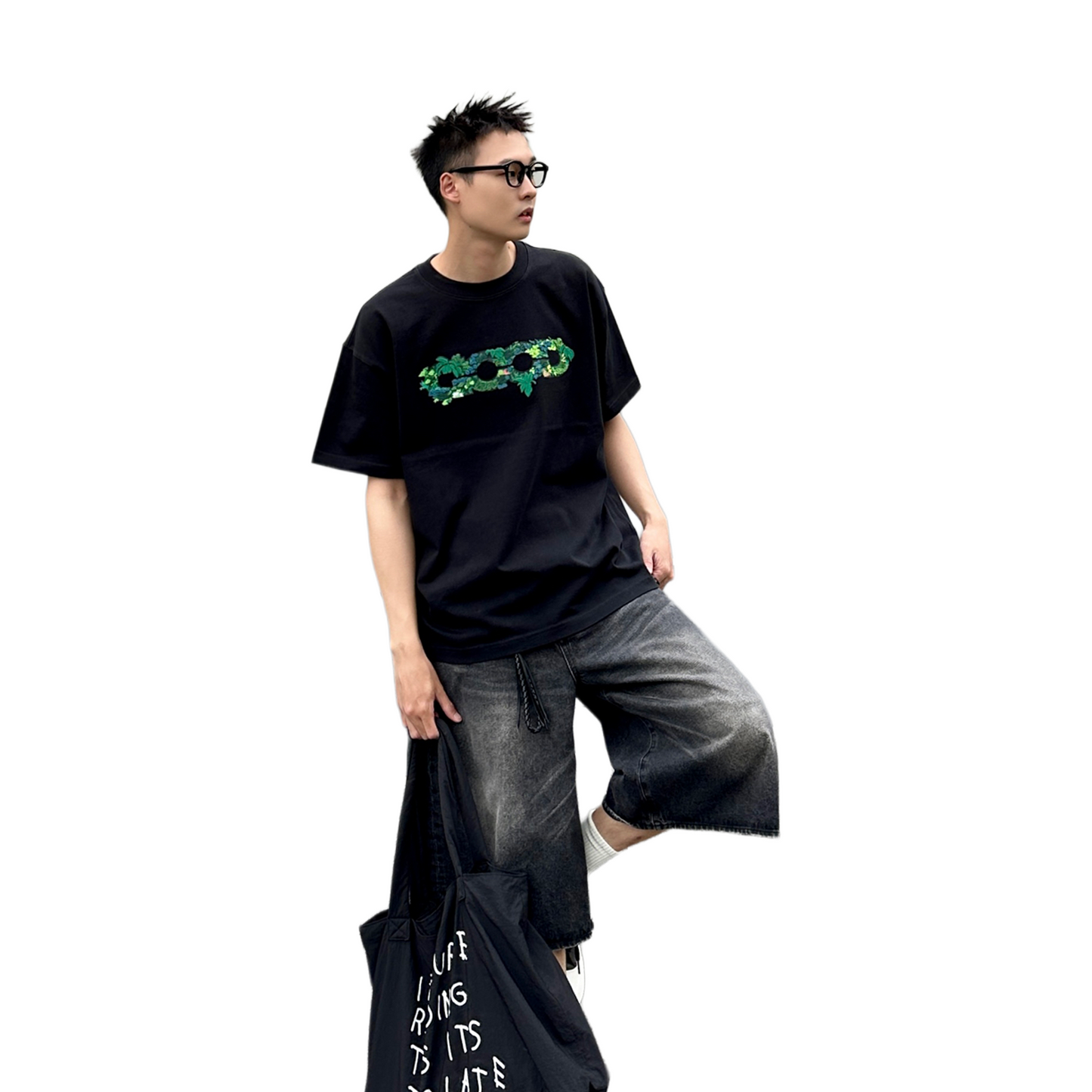 GOODBRAND 3D Green Plant Embroidered Map Logo Tee Black (SS25)
