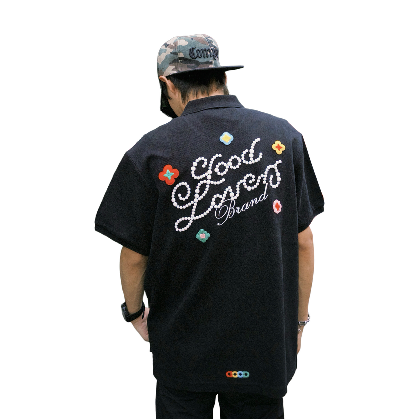 GOODBRAND Good Loves 3D Embroidered Slogan Polo Shirt Black (SS25)