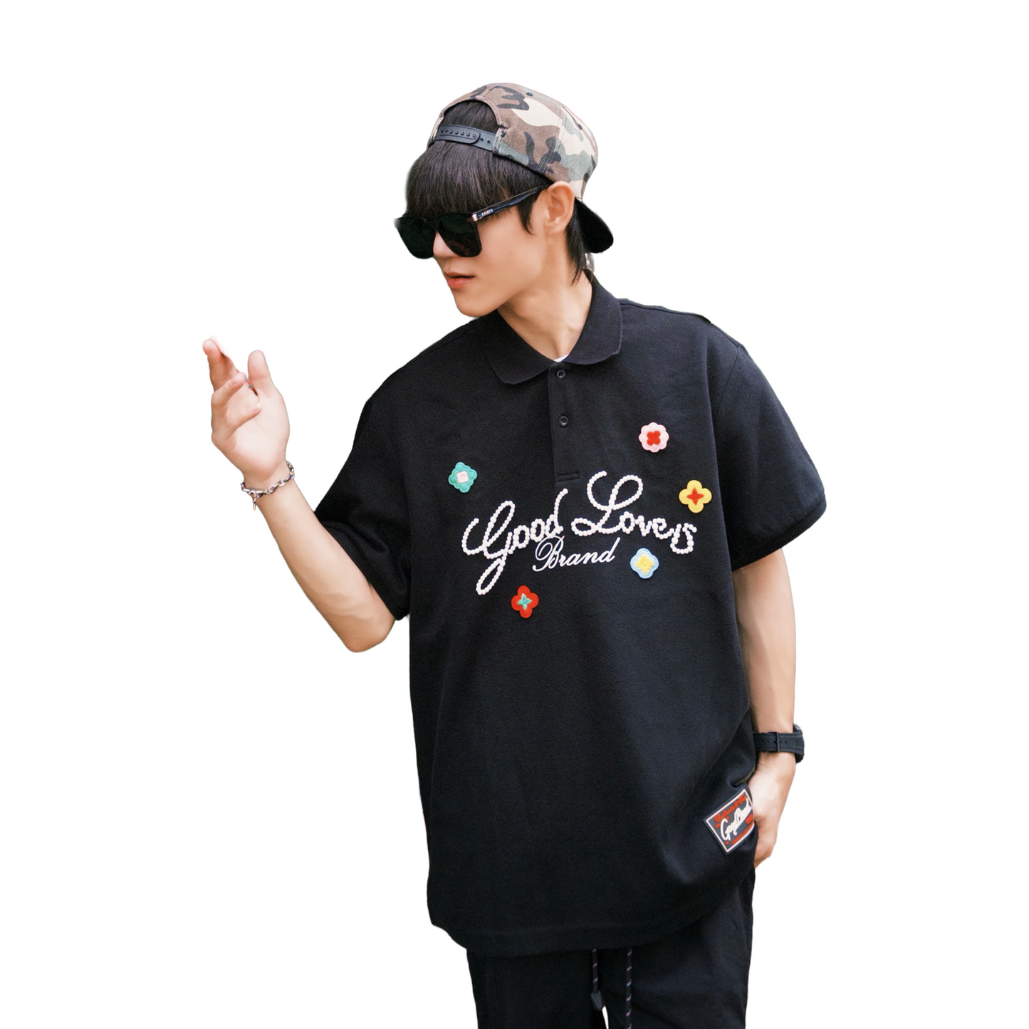 GOODBRAND Good Loves 3D Embroidered Slogan Polo Shirt Black (SS25)