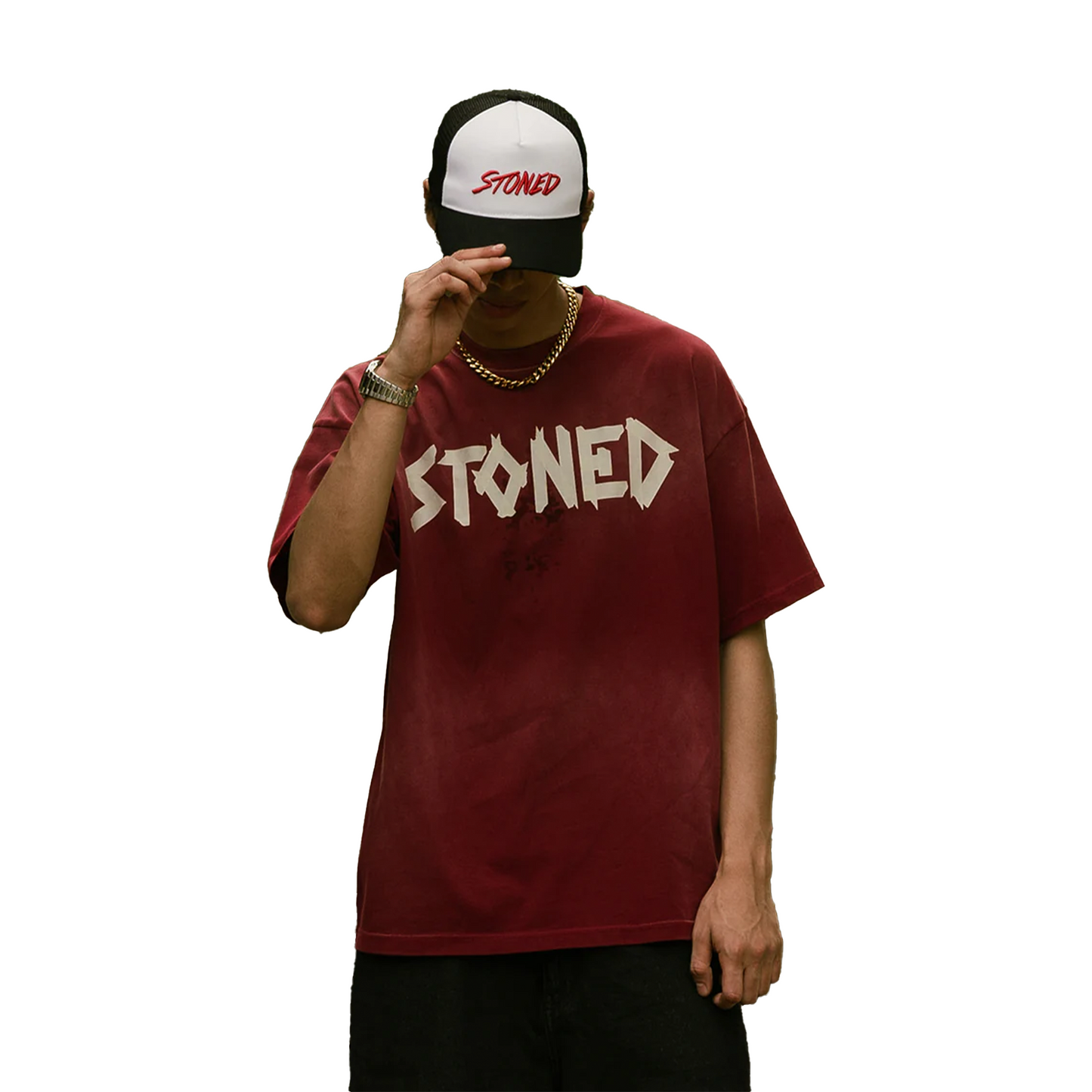 Stoned & Co ® Golden Jade : Stoned Tape Wash Tee Red (SS25)