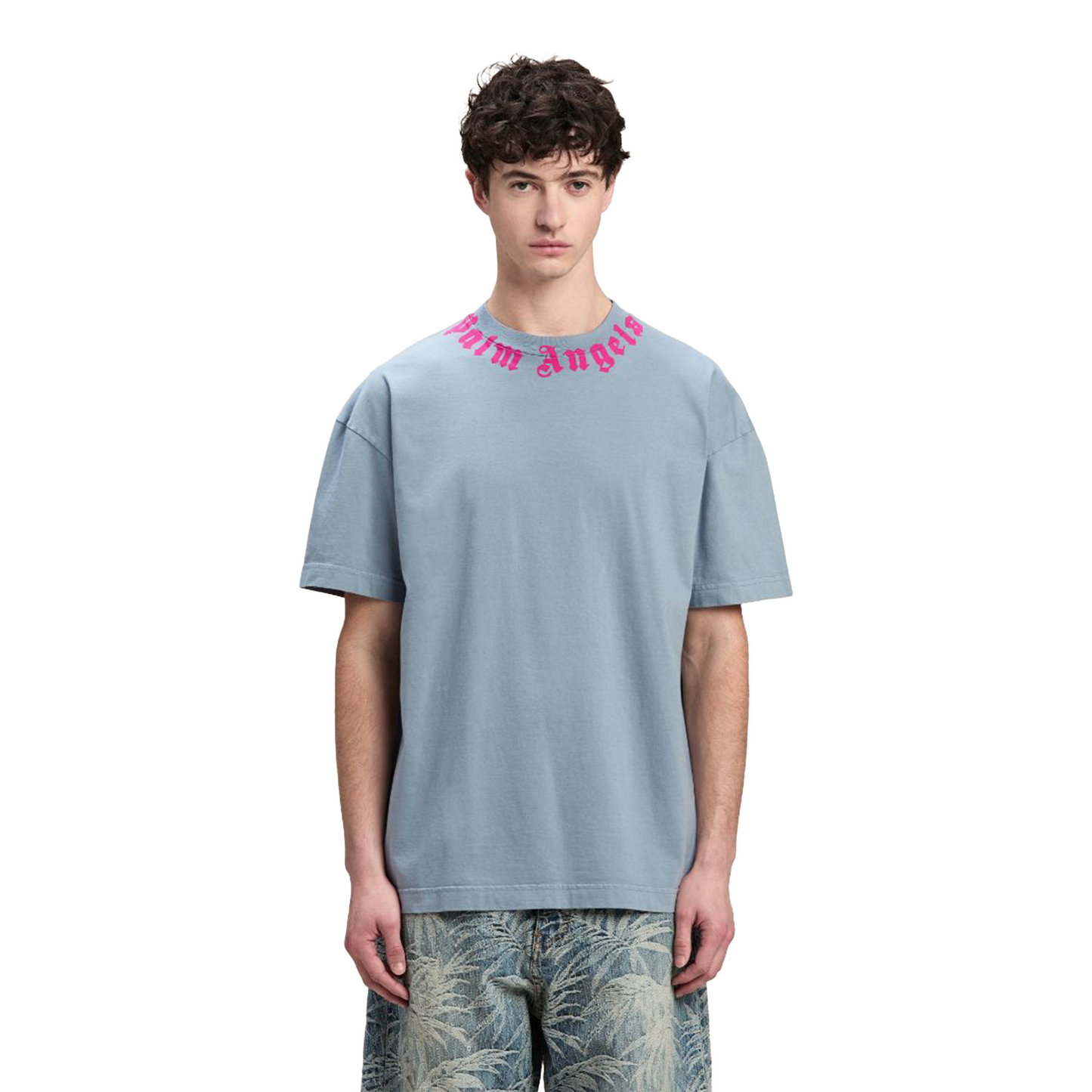 PALM ANGELS Neck Logo Tee Light Grey/Fuchsia (FW24)
