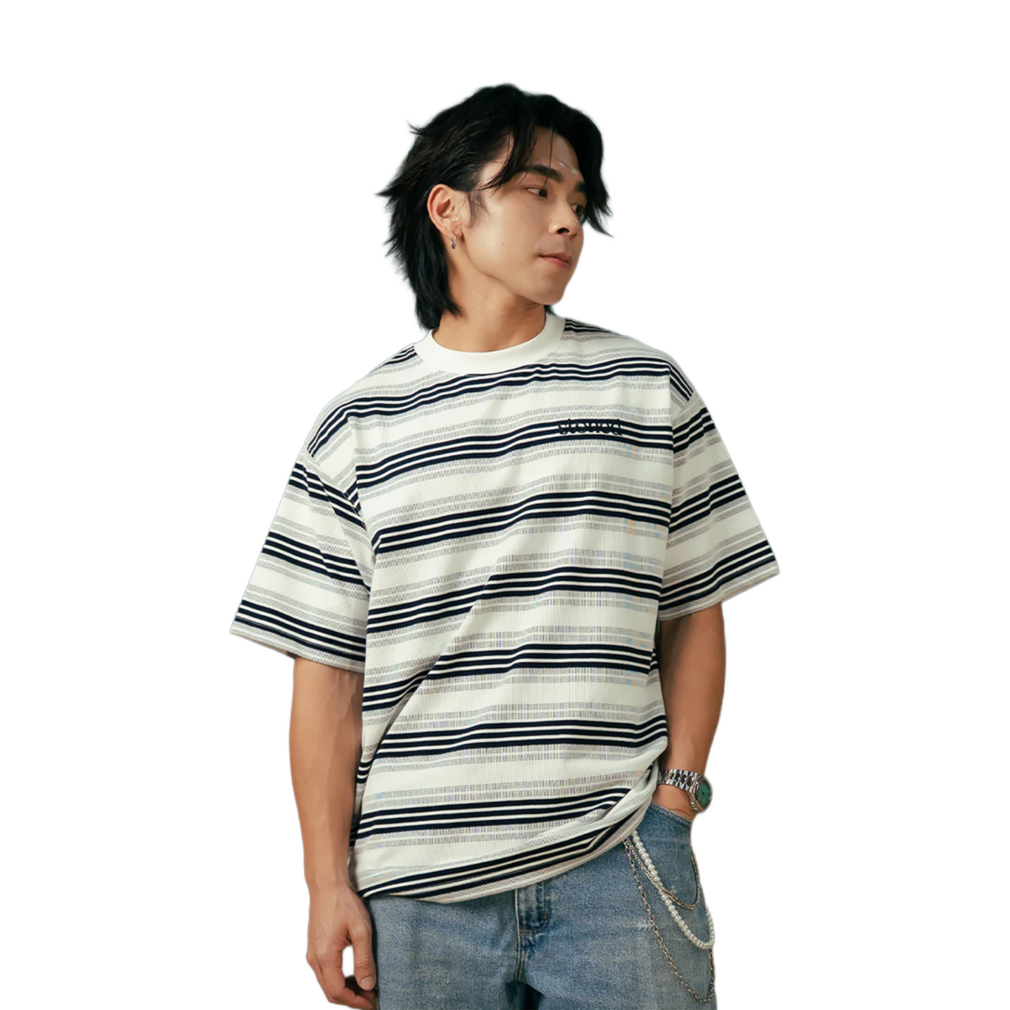 Stoned & Co ® Originals v2 : Stripe Tee White/Grey (FW25)