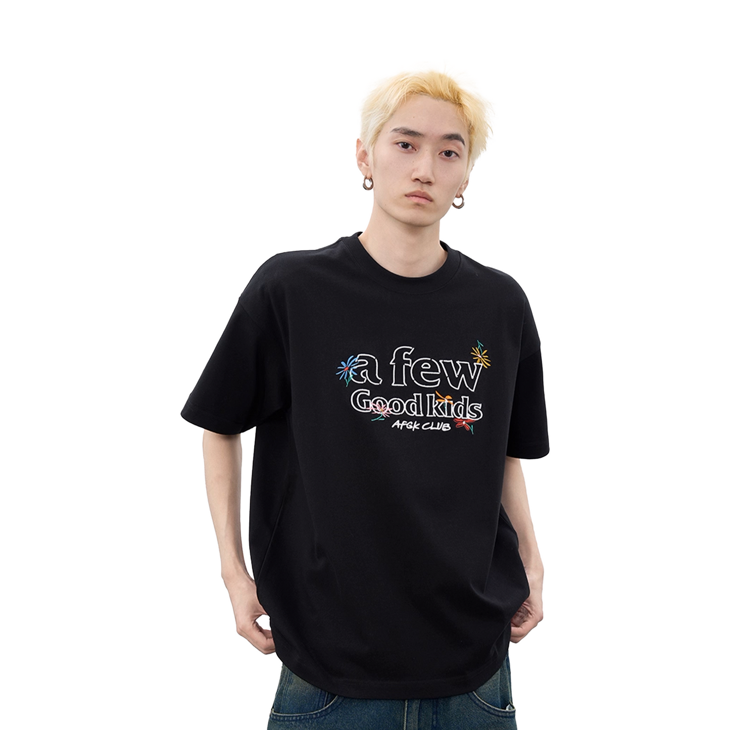 a few Good kids Hand Painted Floral Embroidery Short Sleeved Tee Black (SS25)