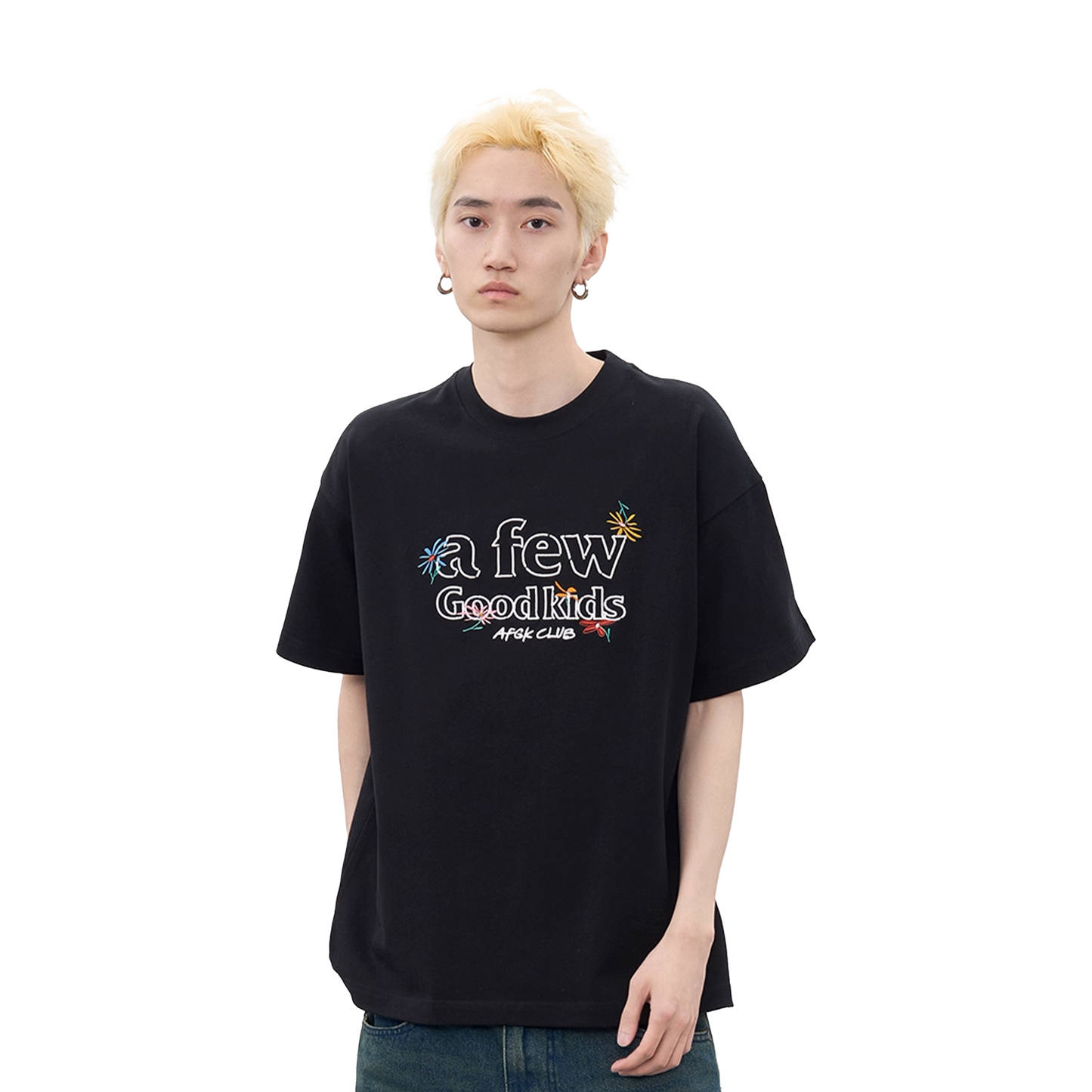 a few Good kids Hand Painted Floral Embroidery Short Sleeved Tee Black (SS25)
