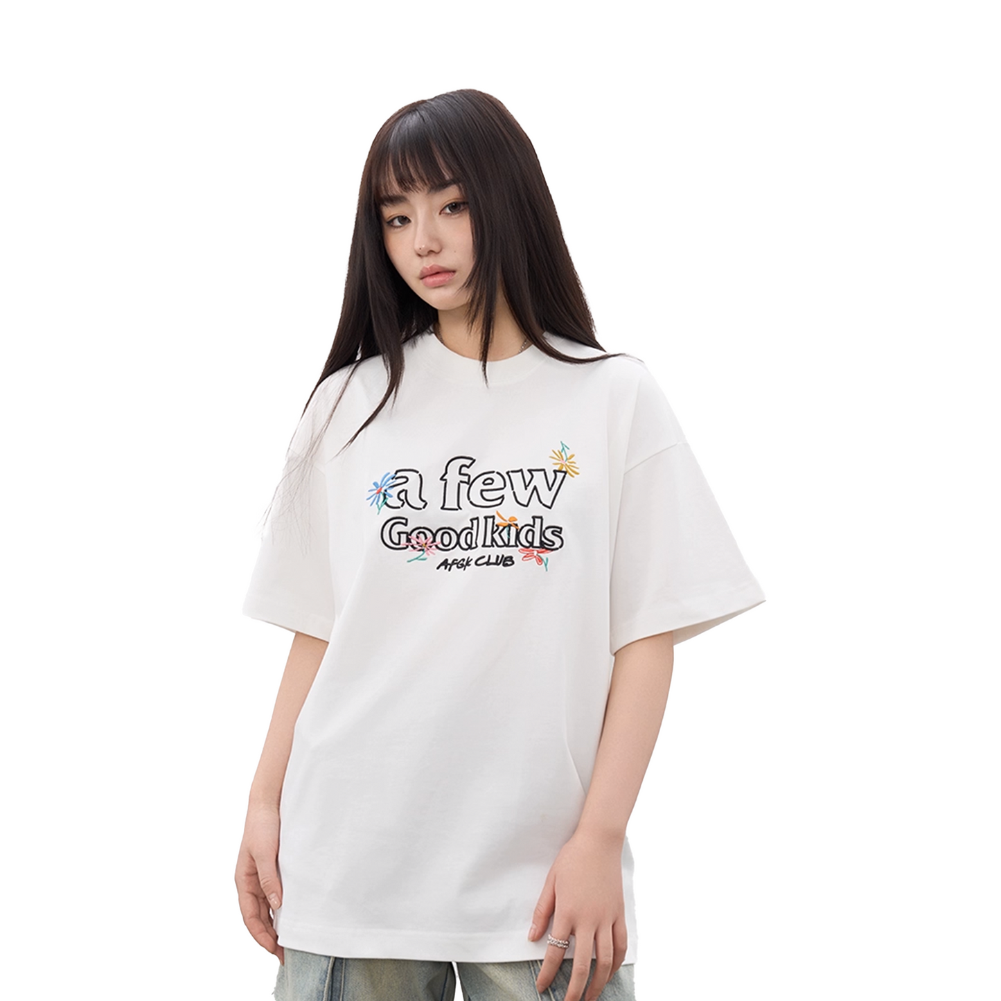 a few Good kids Hand Painted Floral Embroidery Short Sleeved Tee White (SS25)