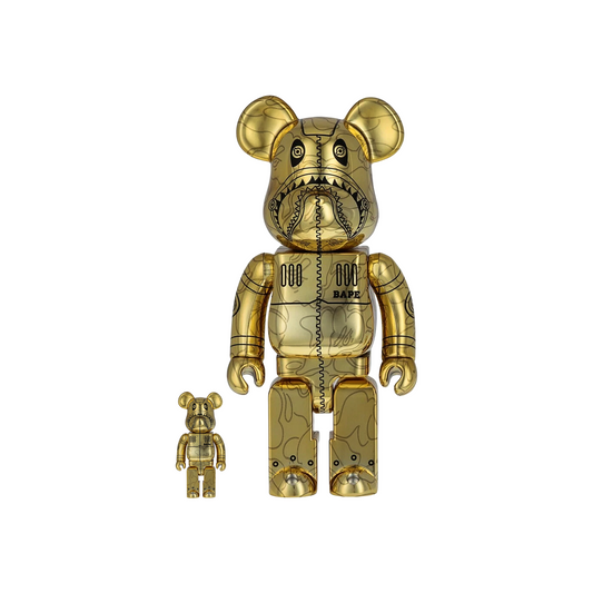 Bearbrick x BAPE x Hajime Sorayama Camo Shark 100% & 400% Set Gold