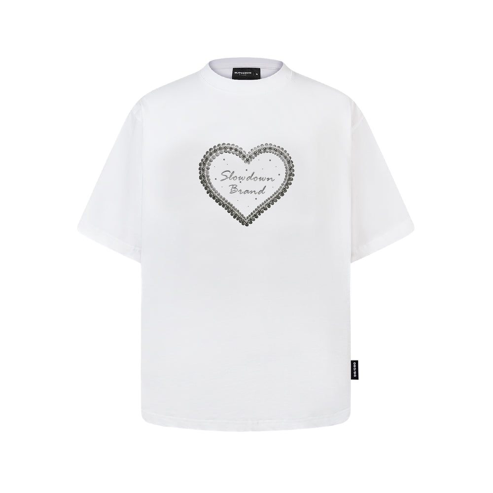SLOWDOWN QIXI Exclusive 3D Heart Beaded & Rhinestone Embellished White Tee (SS26)