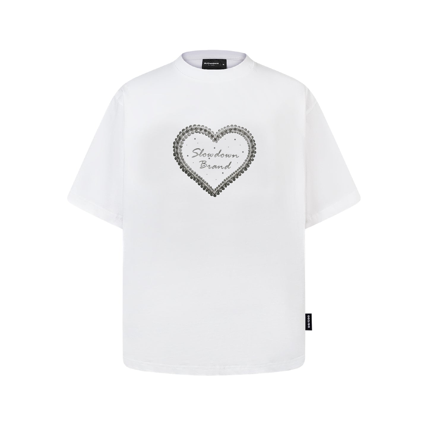 SLOWDOWN QIXI Exclusive 3D Heart Beaded & Rhinestone Embellished White Tee (SS26)