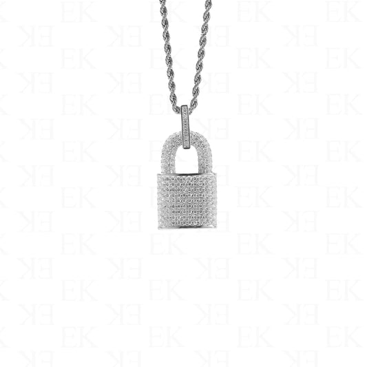 EK Collection Iced Out Lock Necklace Silver