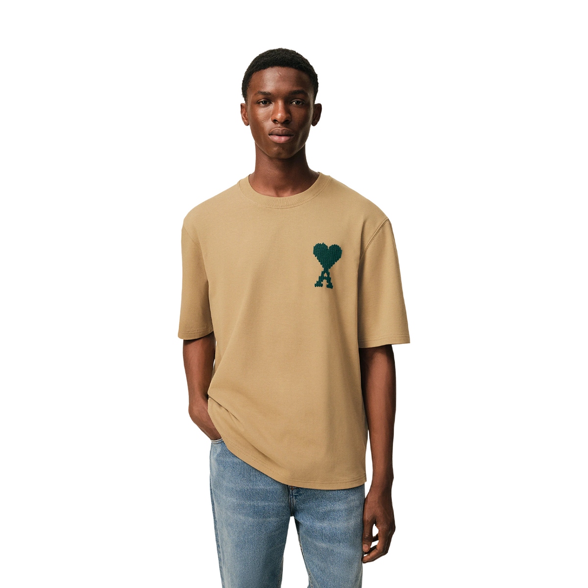AMI PARIS Ami de Coeur Heavy Jersey Tee Camel/Evergreen (SS26 AMI PARIS Ami de Coeur Heavy Jersey Tee Camel/Evergreen (SS26