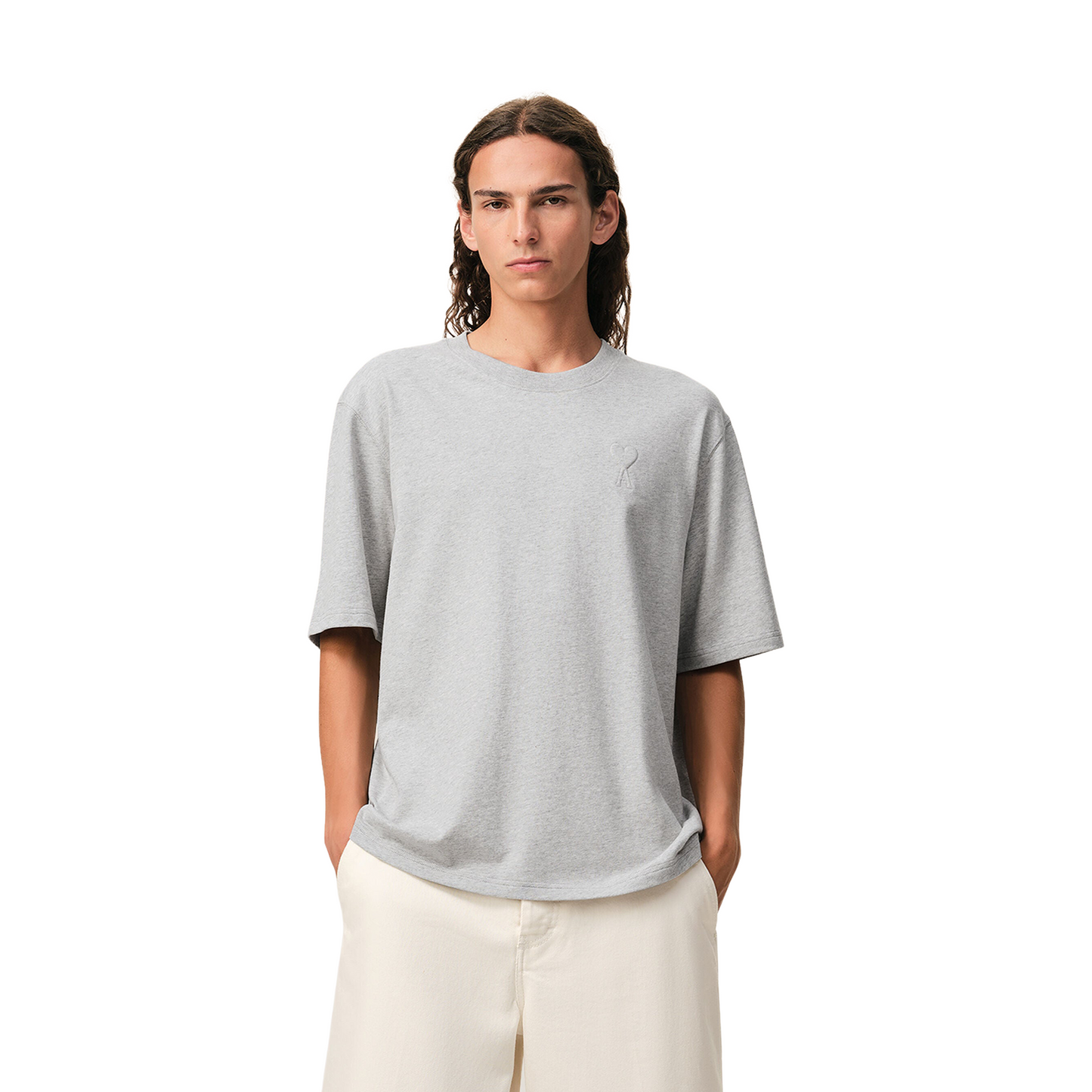AMI PARIS Cotton Ami De Coeur Embossed Tee Heather Ash Grey (SS26)