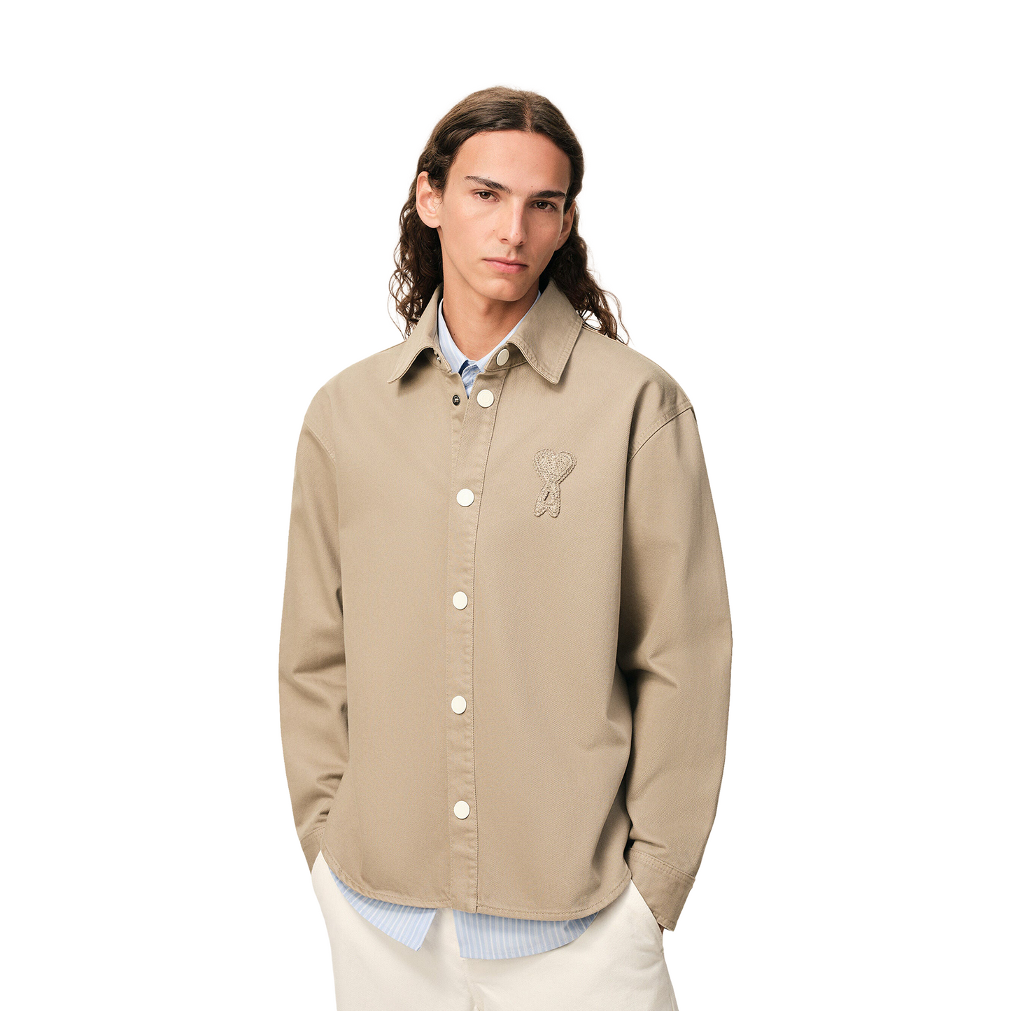AMI PARIS Cotton Knitted Ami De Coeur Overshirt Taupe Beige (SS26)