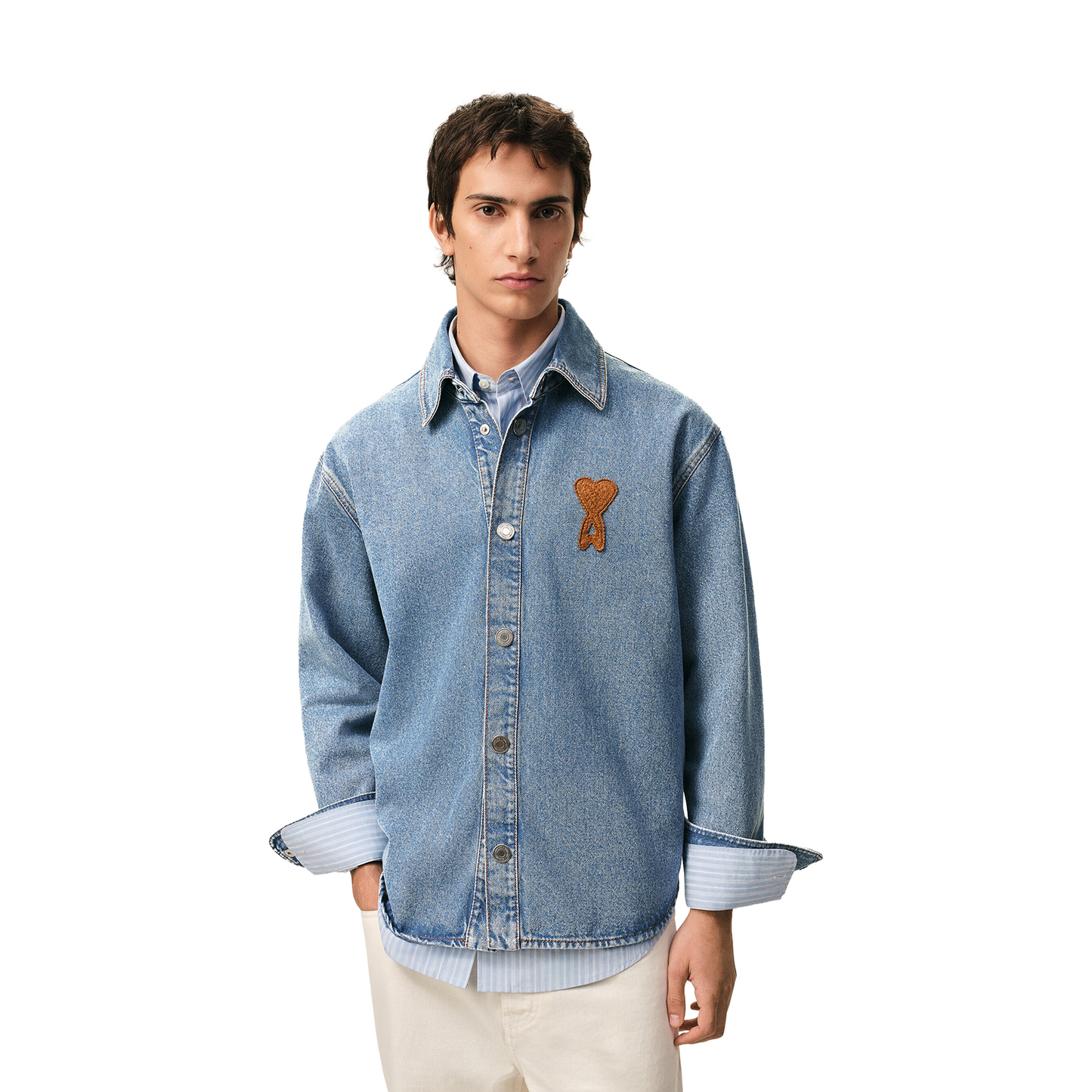 AMI PARIS Cotton Knitted Ami De Coeur Overshirt Used Blue (SS26)