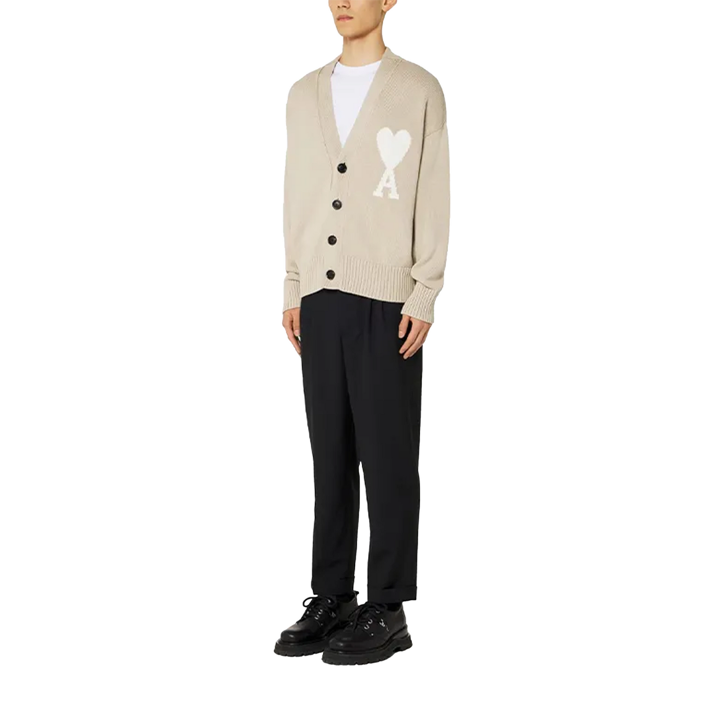 AMI Paris Logo Intarsia Alpaca Blend Cardigan Beige/White (SS22)