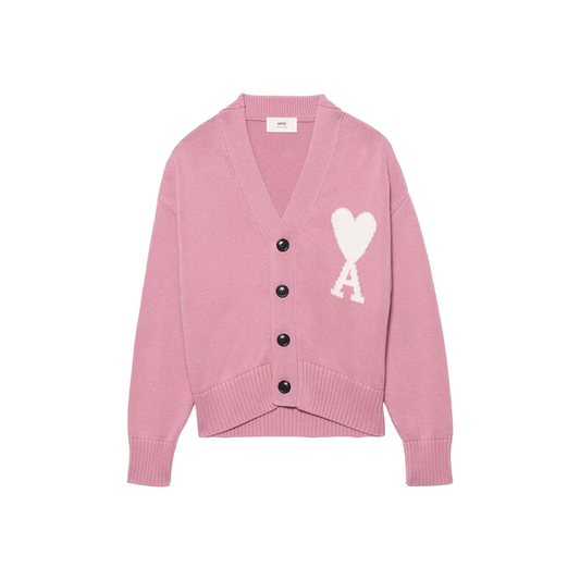 AMI PARIS Logo Intarsia Alpaca Blend Cardigan Pink/White (SS22)