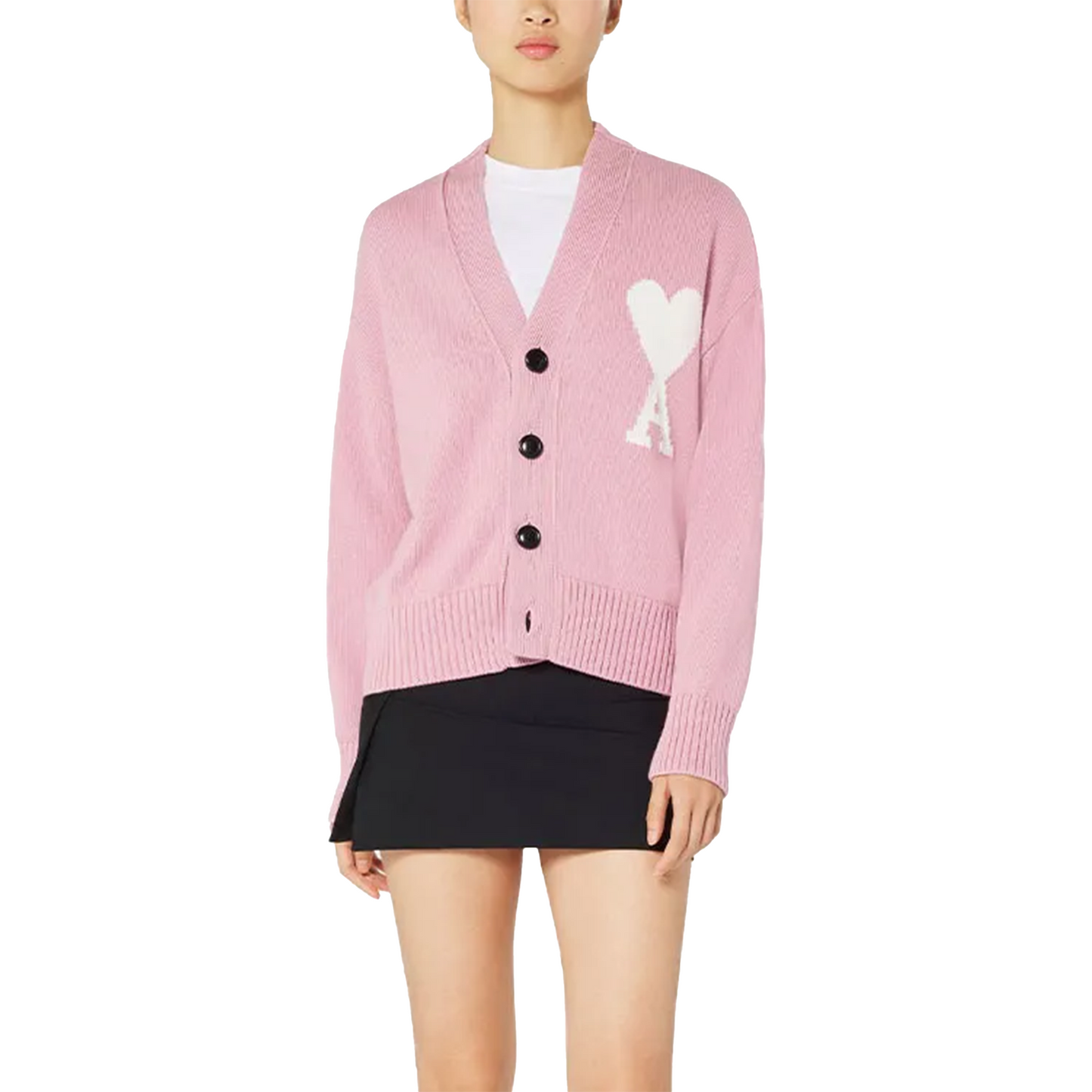 AMI Paris Logo Intarsia Alpaca Blend Cardigan Pink/White (SS22)