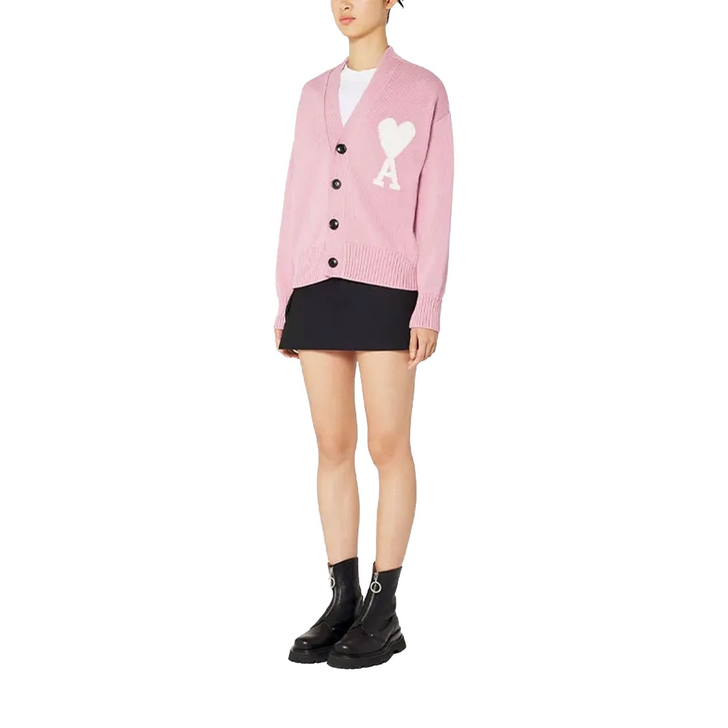 AMI Paris Logo Intarsia Alpaca Blend Cardigan Pink/White (SS22)