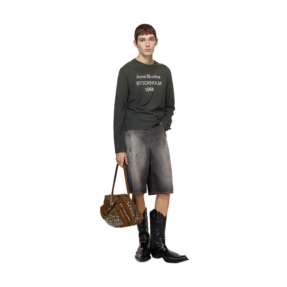 ACNE STUDIOS Sprayed 1996 Logo Long Sleeved Crewneck Tee Faded Black (FW26)