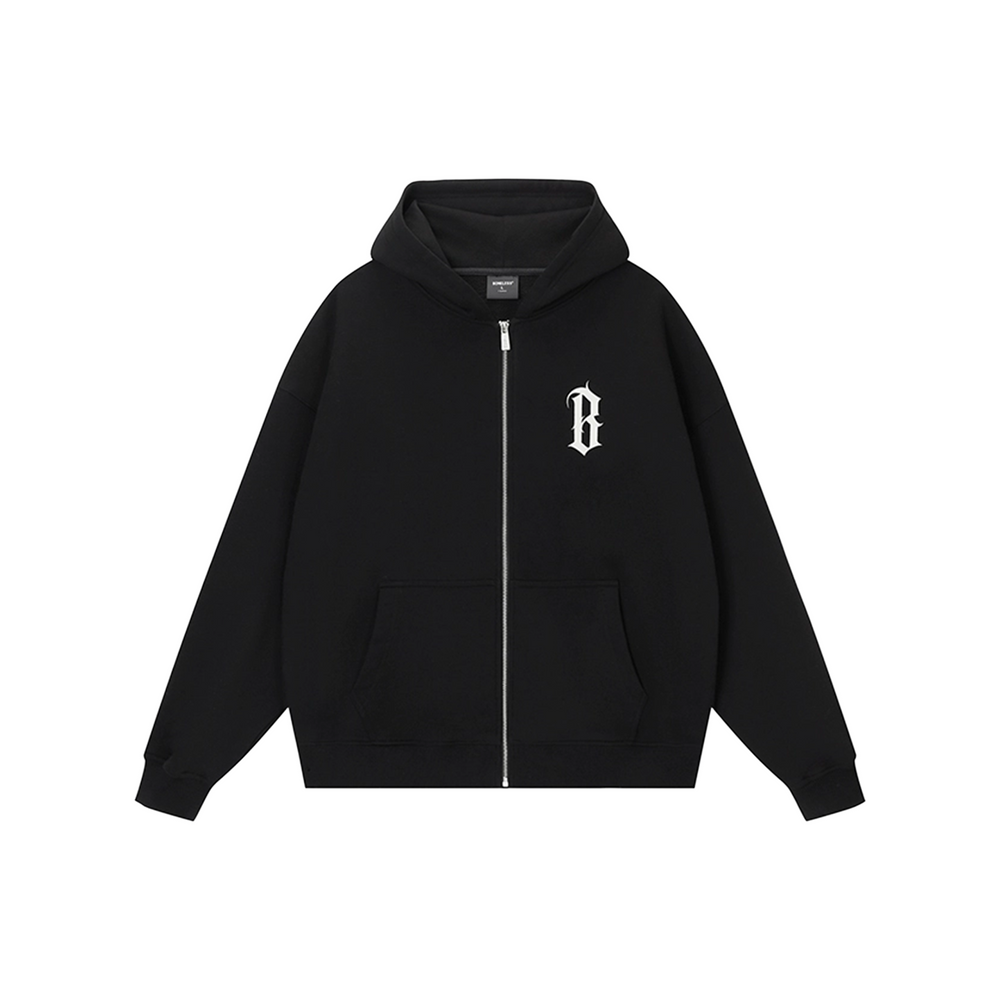 BONELESS Basic B-Print Zipped Up Hoodie Black (FW24)