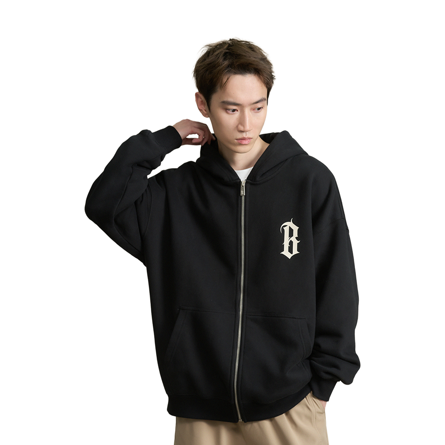 BONELESS Basic B-Print Zipped Up Hoodie Black (FW24)