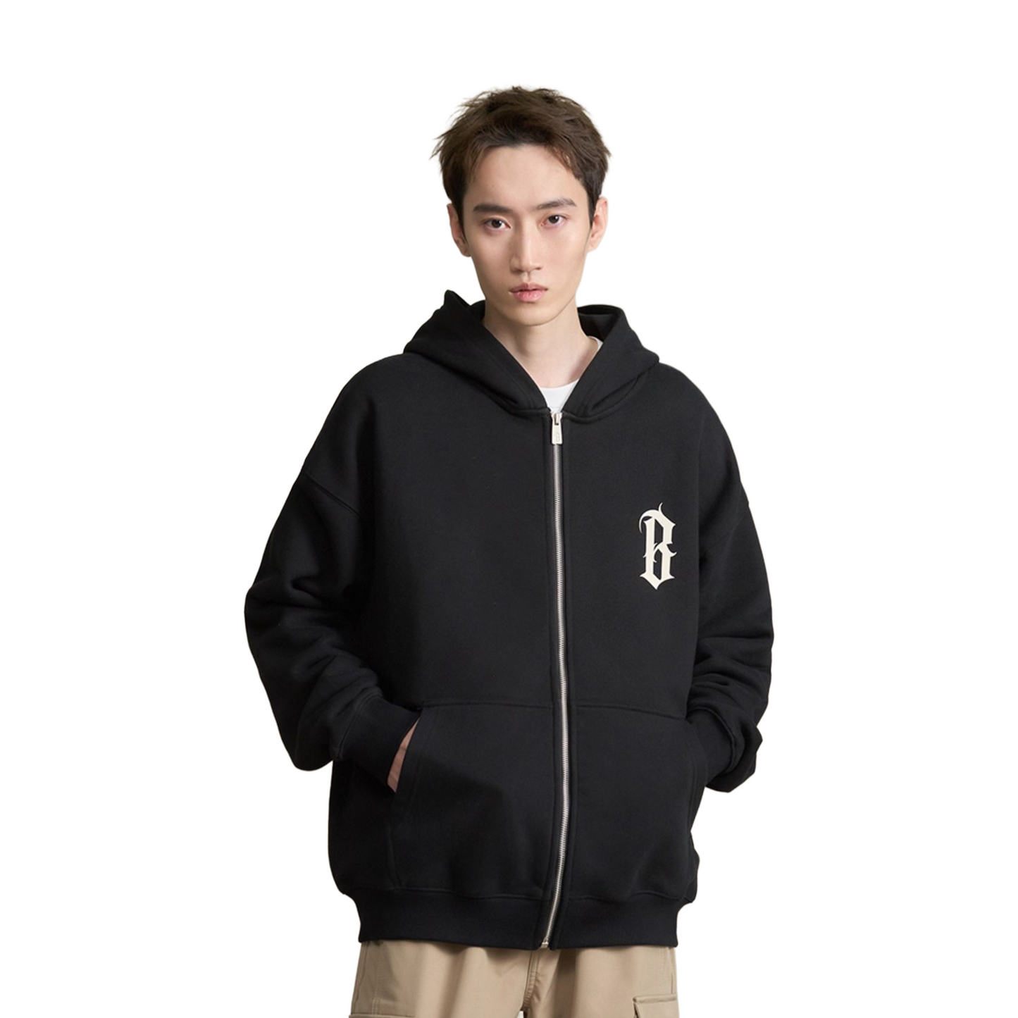 BONELESS Basic B-Print Zipped Up Hoodie Black (FW24)